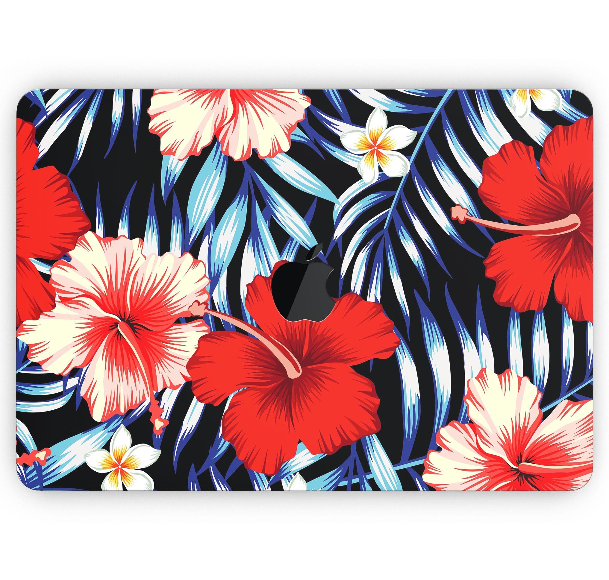 Vivid Tropical Red Floral Skin Decal Wrap Kit for MacBook, showcasing vibrant floral patterns on a sleek surface.