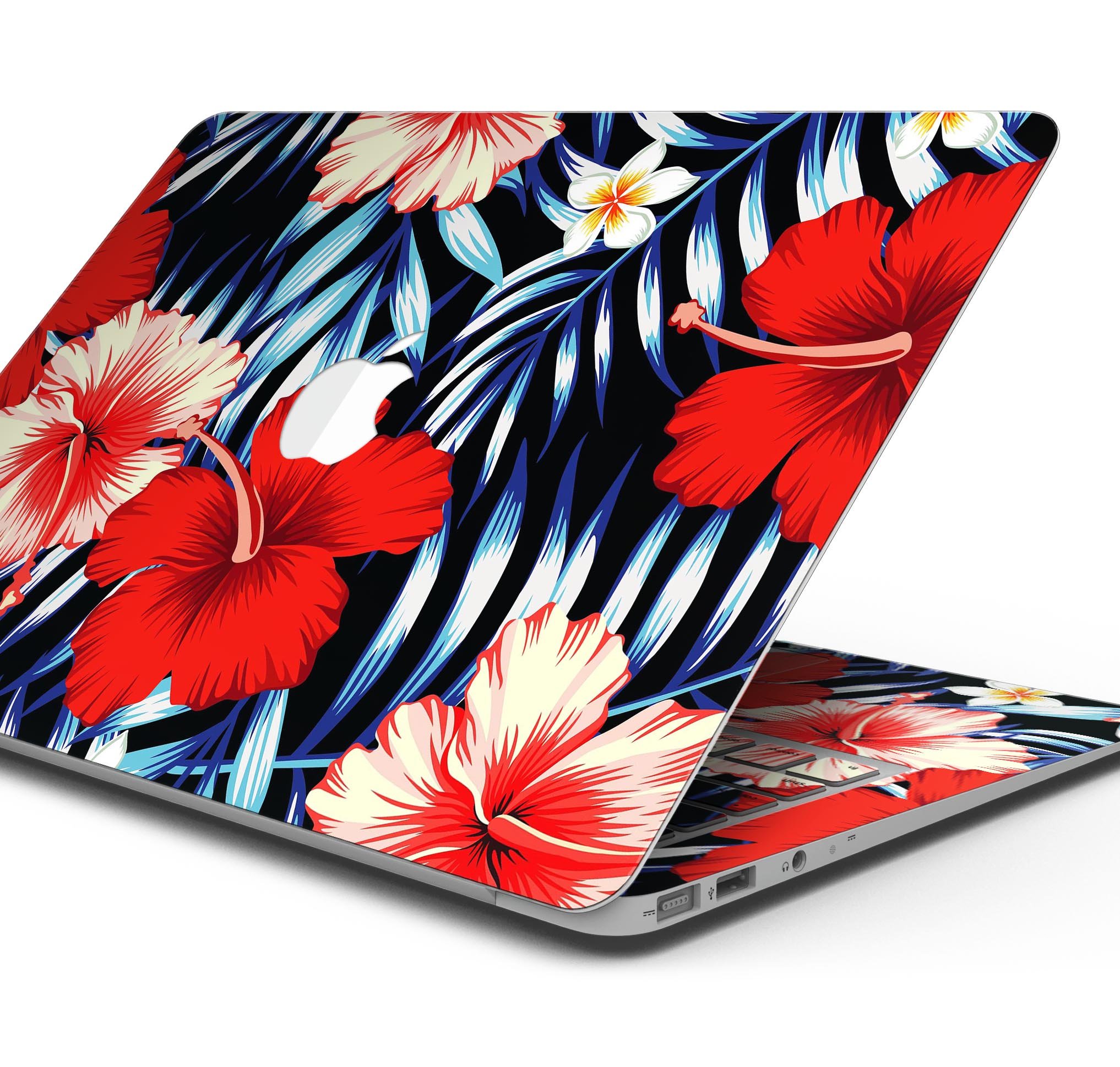 Vivid Tropical Red Floral Skin Decal Wrap Kit for MacBook, showcasing vibrant floral patterns on a sleek surface.