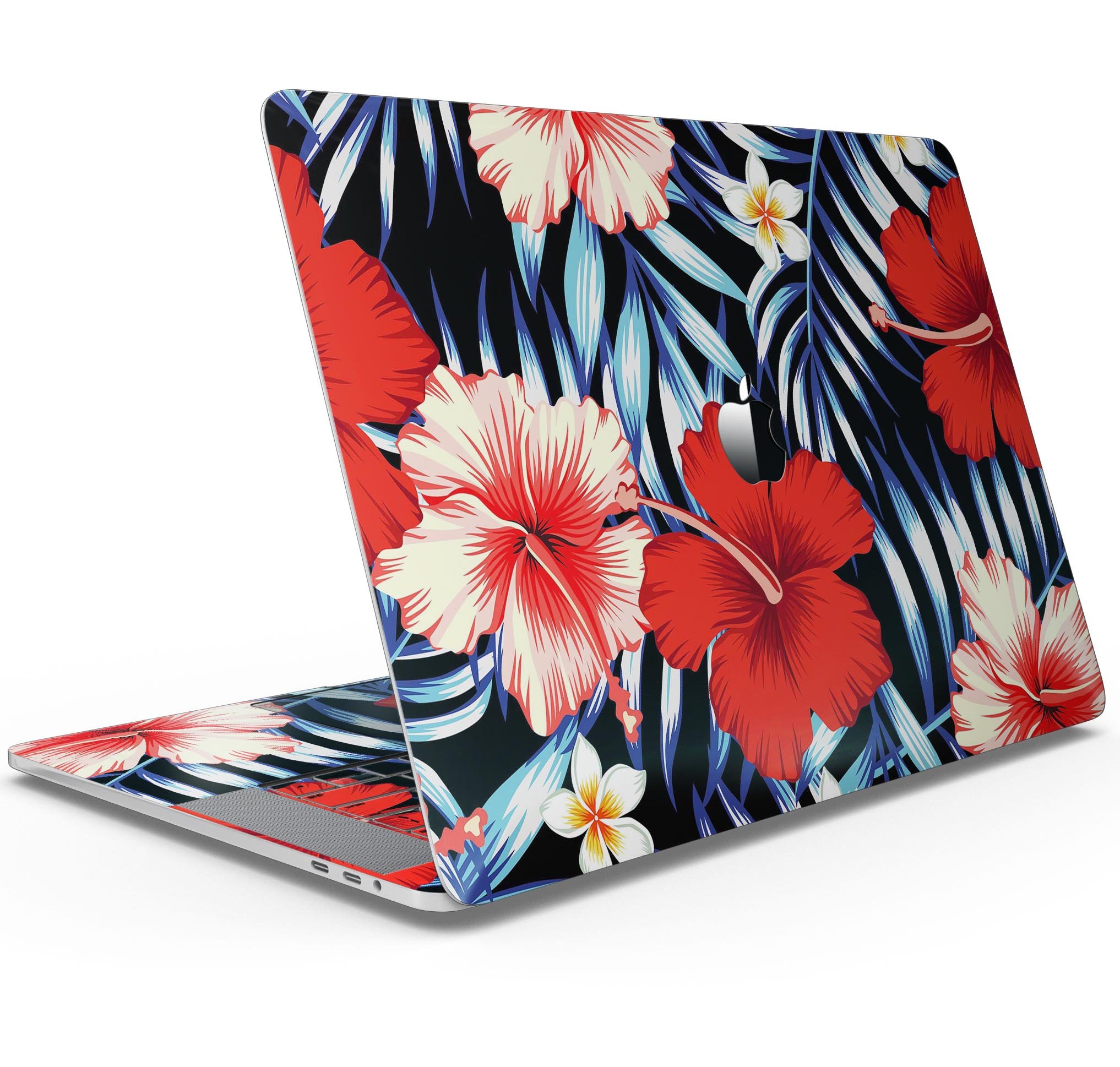 Vivid Tropical Red Floral Skin Decal Wrap Kit for MacBook, showcasing vibrant floral patterns on a sleek surface.