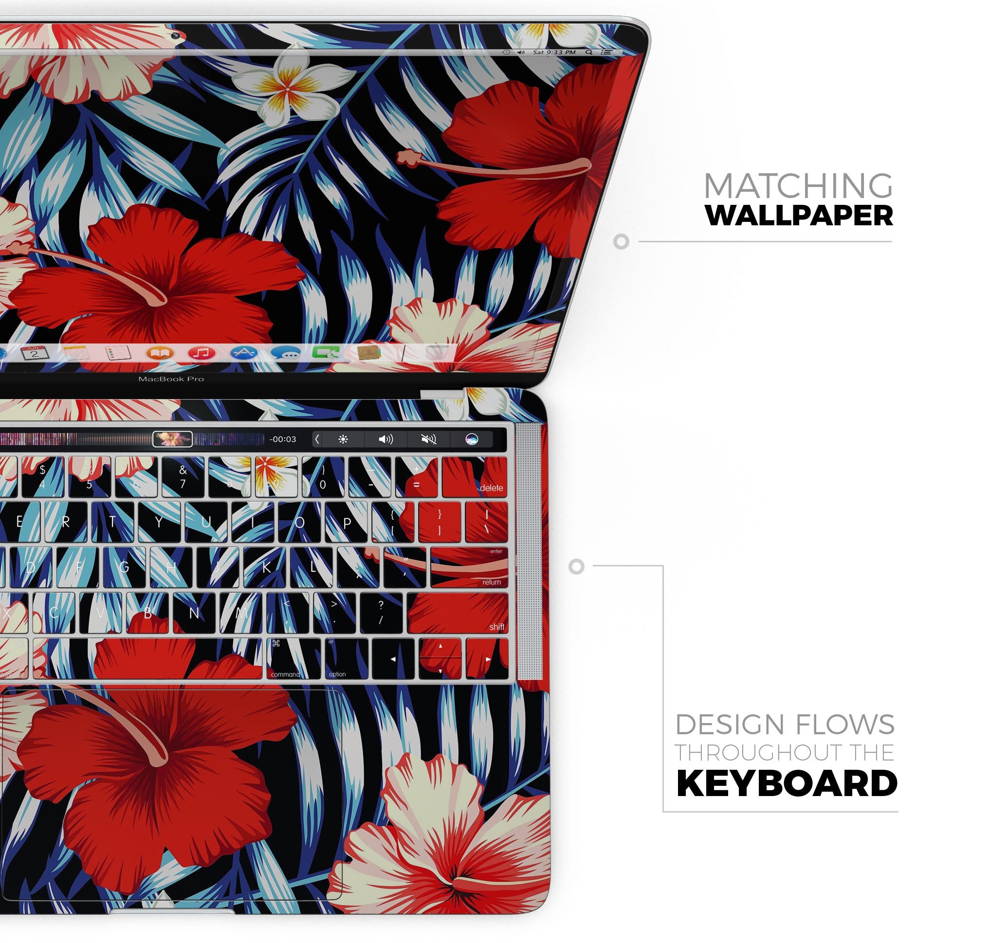 Vivid Tropical Red Floral Skin Decal Wrap Kit for MacBook, showcasing vibrant floral patterns on a sleek surface.