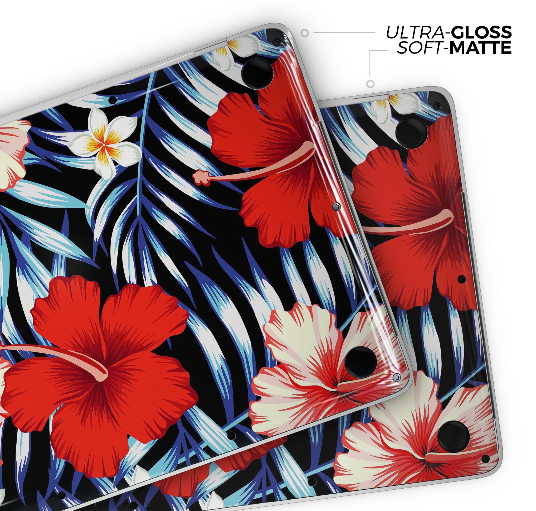 Vivid Tropical Red Floral Skin Decal Wrap Kit for MacBook, showcasing vibrant floral patterns on a sleek surface.