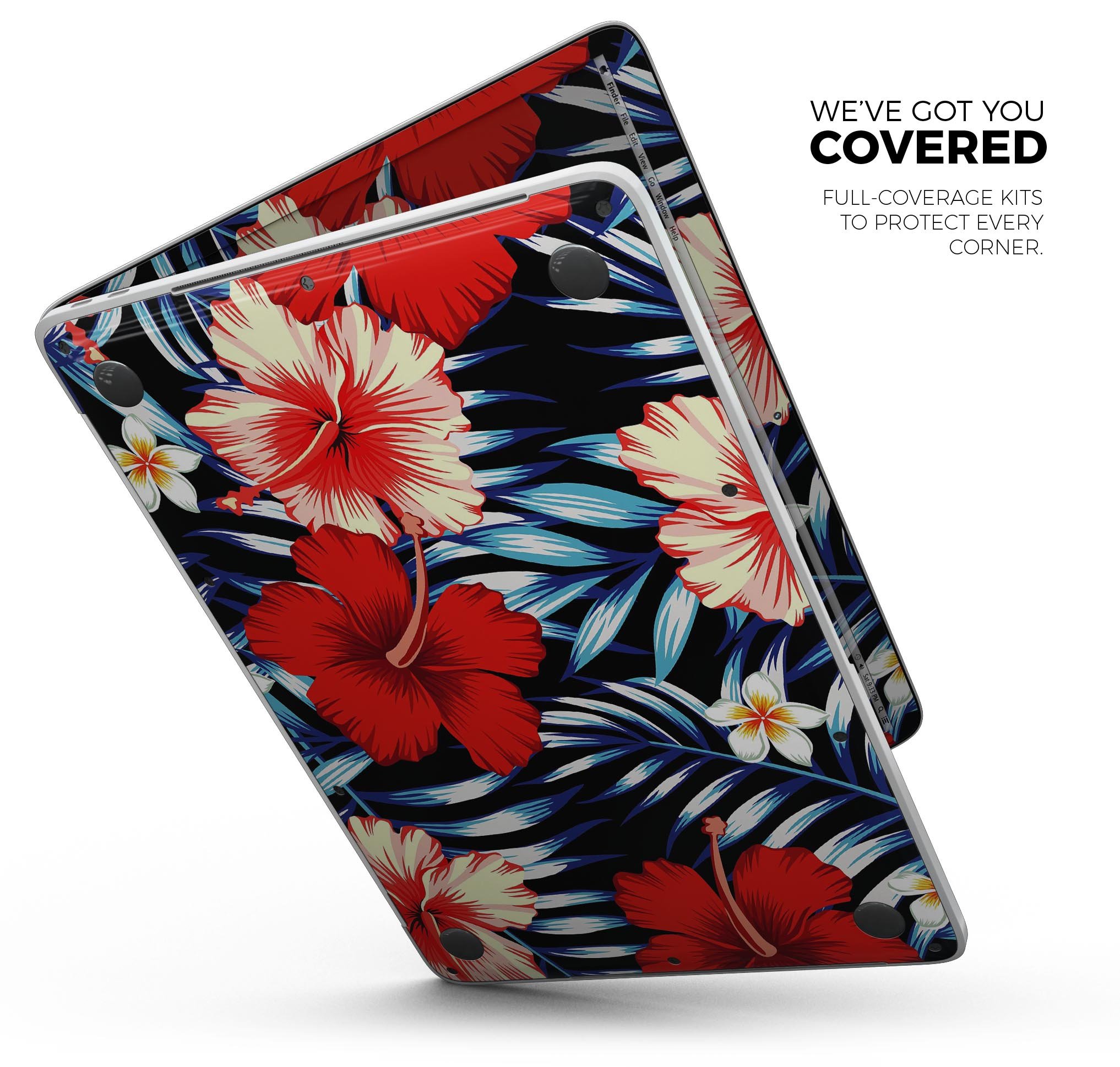 Vivid Tropical Red Floral Skin Decal Wrap Kit for MacBook, showcasing vibrant floral patterns on a sleek surface.