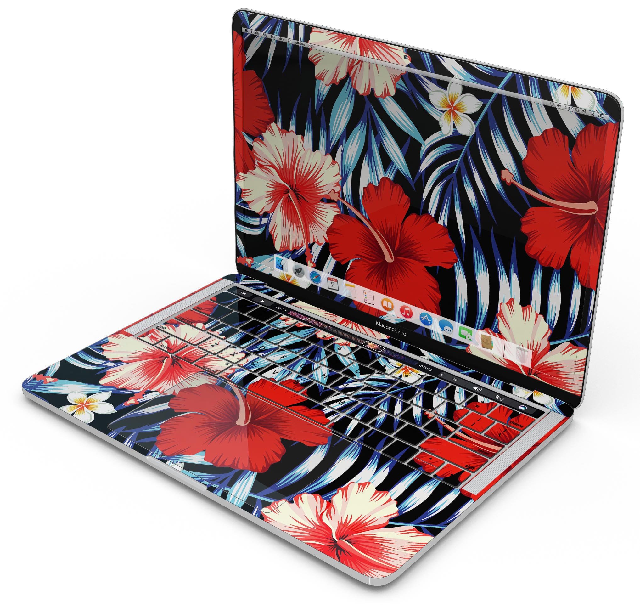 Vivid Tropical Red Floral Skin Decal Wrap Kit for MacBook, showcasing vibrant floral patterns on a sleek surface.