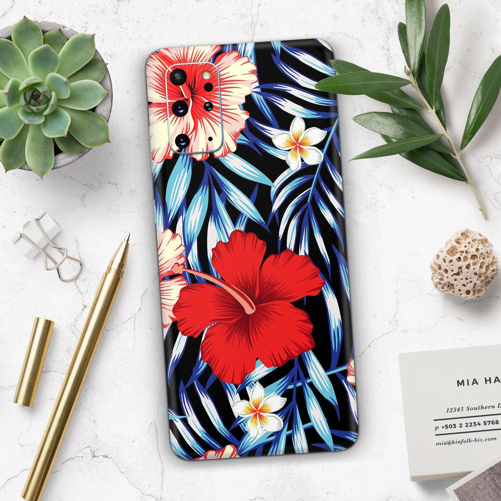 Vivid Tropical Red Floral Skin-Kit for Samsung Galaxy, showcasing vibrant floral design on a sleek device.