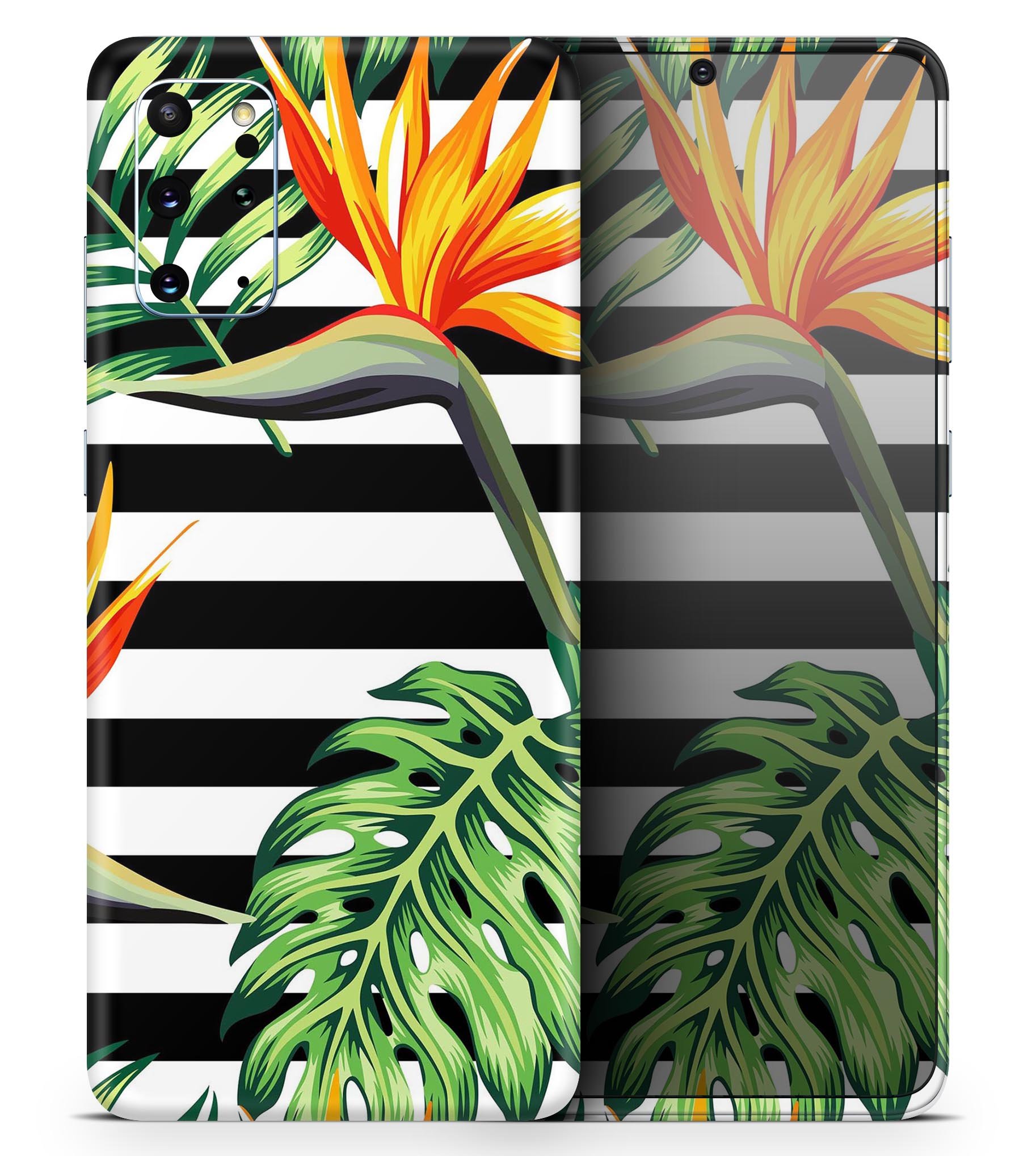 Vivid Tropical Stripe Floral Skin-Kit for Samsung Galaxy, showcasing vibrant tropical patterns on a sleek vinyl surface.