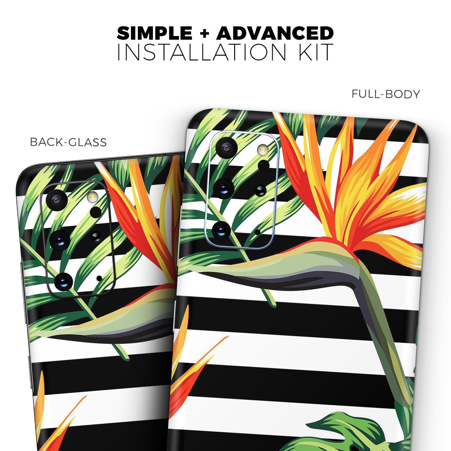 Vivid Tropical Stripe Floral Skin-Kit for Samsung Galaxy, showcasing vibrant tropical patterns on a sleek vinyl surface.