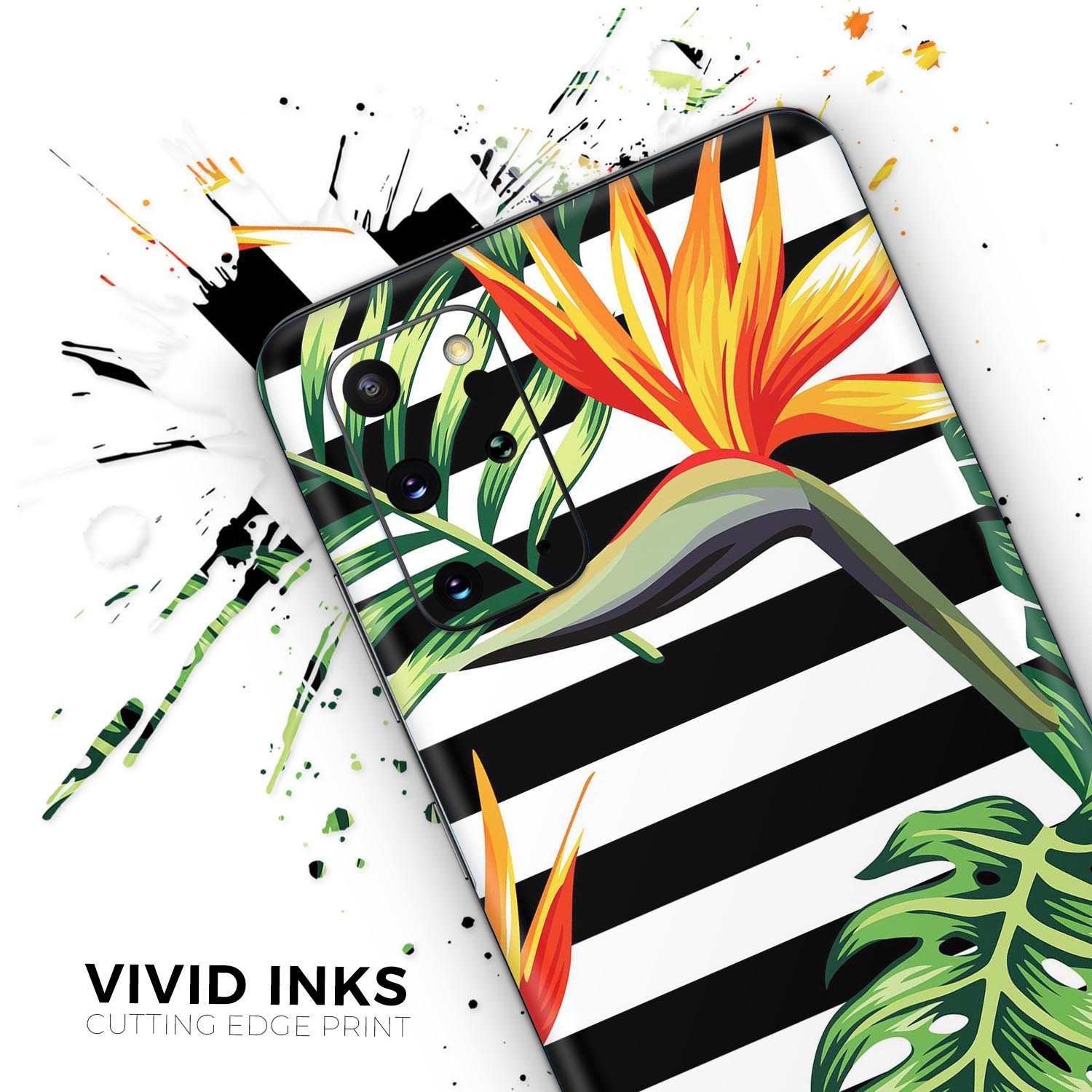 Vivid Tropical Stripe Floral Skin-Kit for Samsung Galaxy, showcasing vibrant tropical patterns on a sleek vinyl surface.