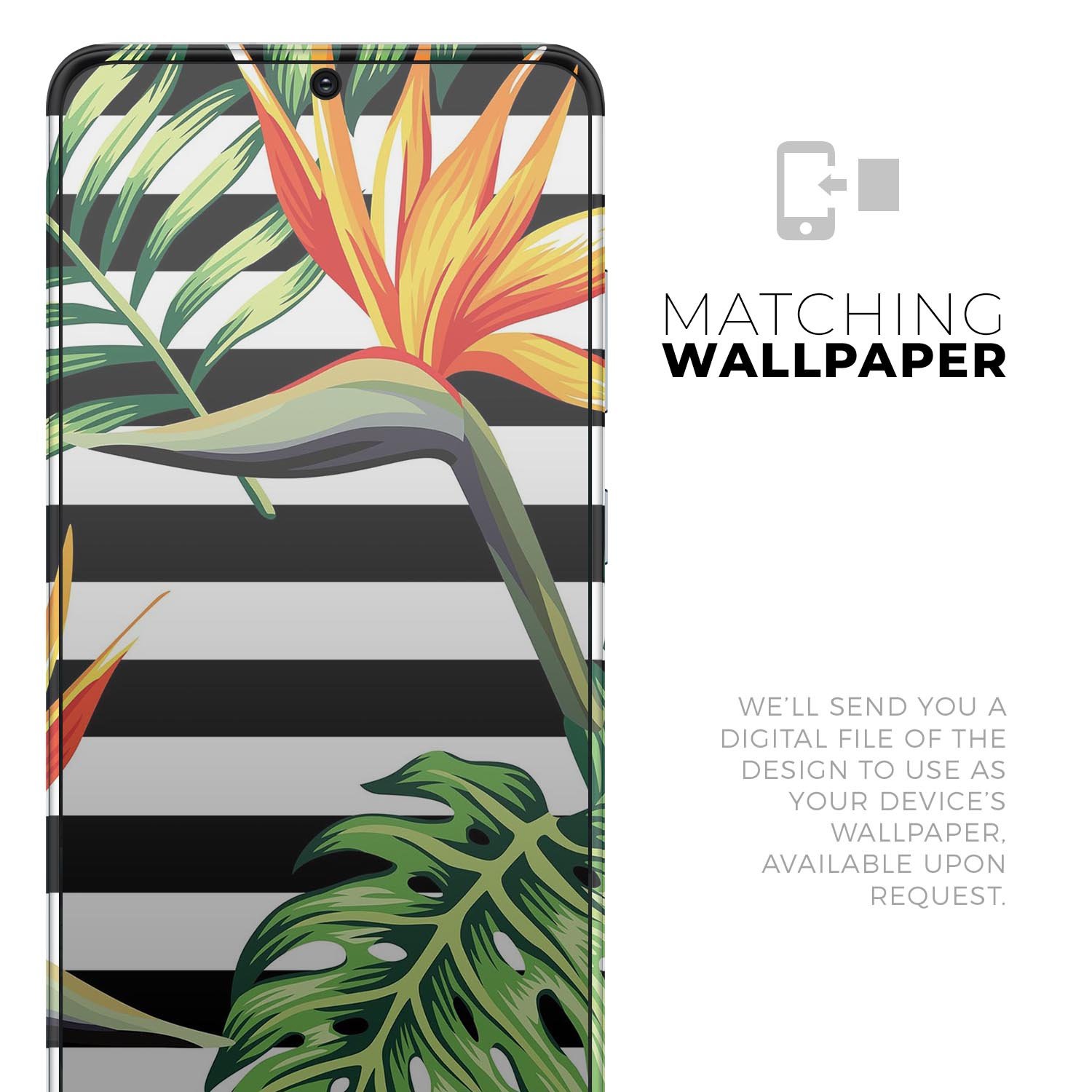 Vivid Tropical Stripe Floral Skin-Kit for Samsung Galaxy, showcasing vibrant tropical patterns on a sleek vinyl surface.