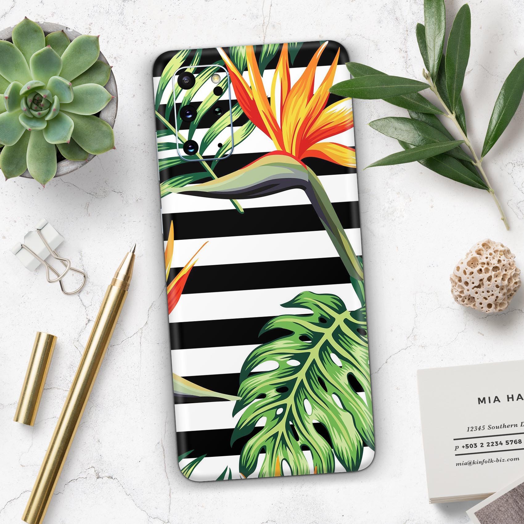 Vivid Tropical Stripe Floral Skin-Kit for Samsung Galaxy, showcasing vibrant tropical patterns on a sleek vinyl surface.