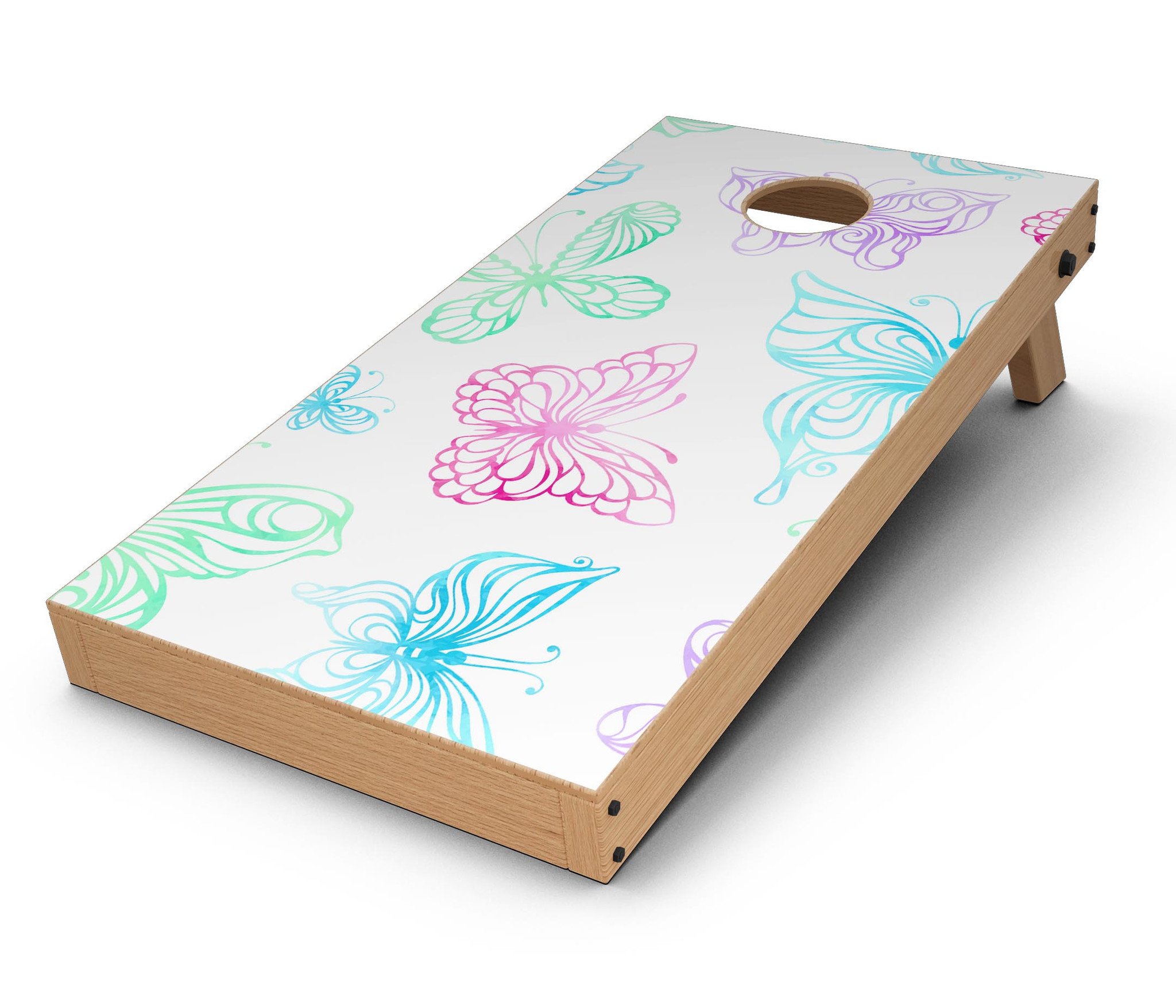 Vivid Vector Butterflies CornHole Board Skin Decal Kit showcasing colorful butterfly designs on a vinyl wrap.