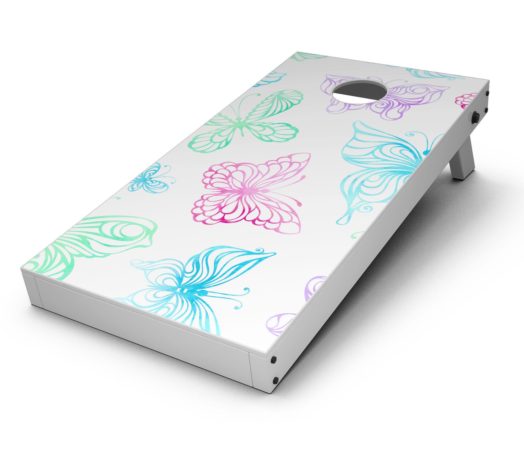 Vivid Vector Butterflies CornHole Board Skin Decal Kit showcasing colorful butterfly designs on a vinyl wrap.