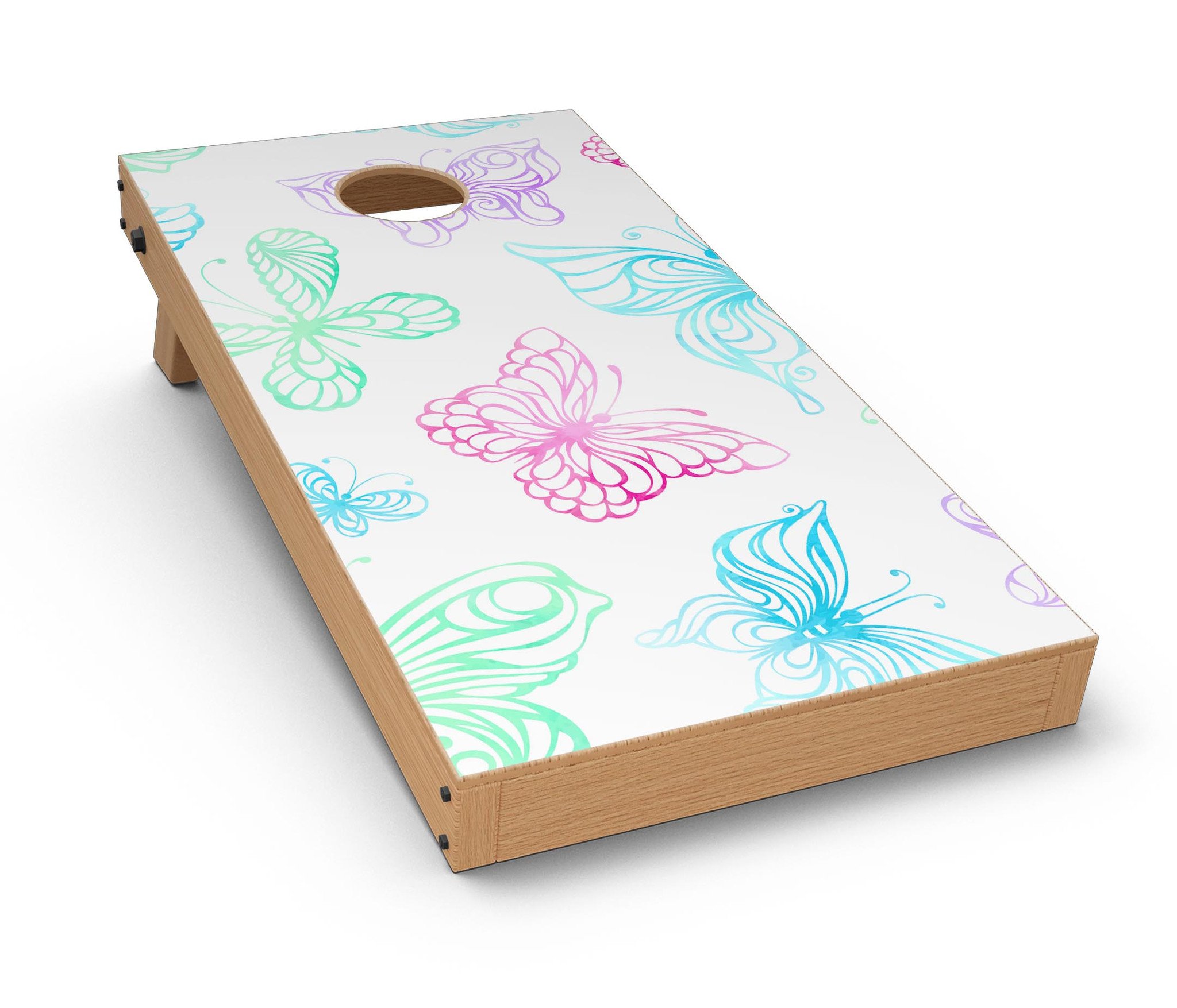 Vivid Vector Butterflies CornHole Board Skin Decal Kit showcasing colorful butterfly designs on a vinyl wrap.