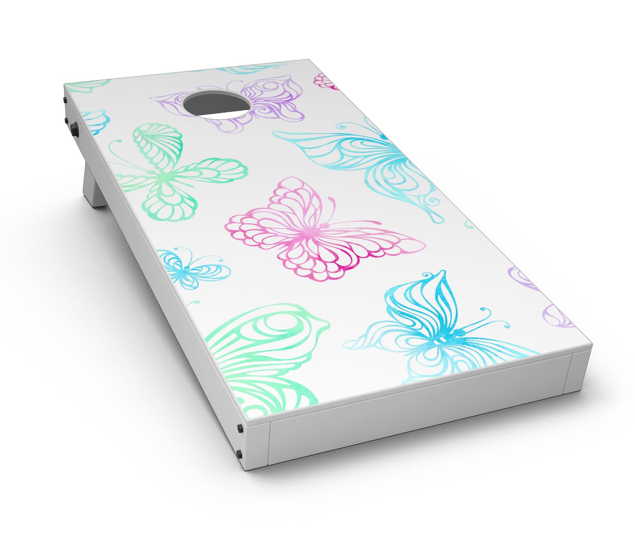 Vivid Vector Butterflies CornHole Board Skin Decal Kit showcasing colorful butterfly designs on a vinyl wrap.