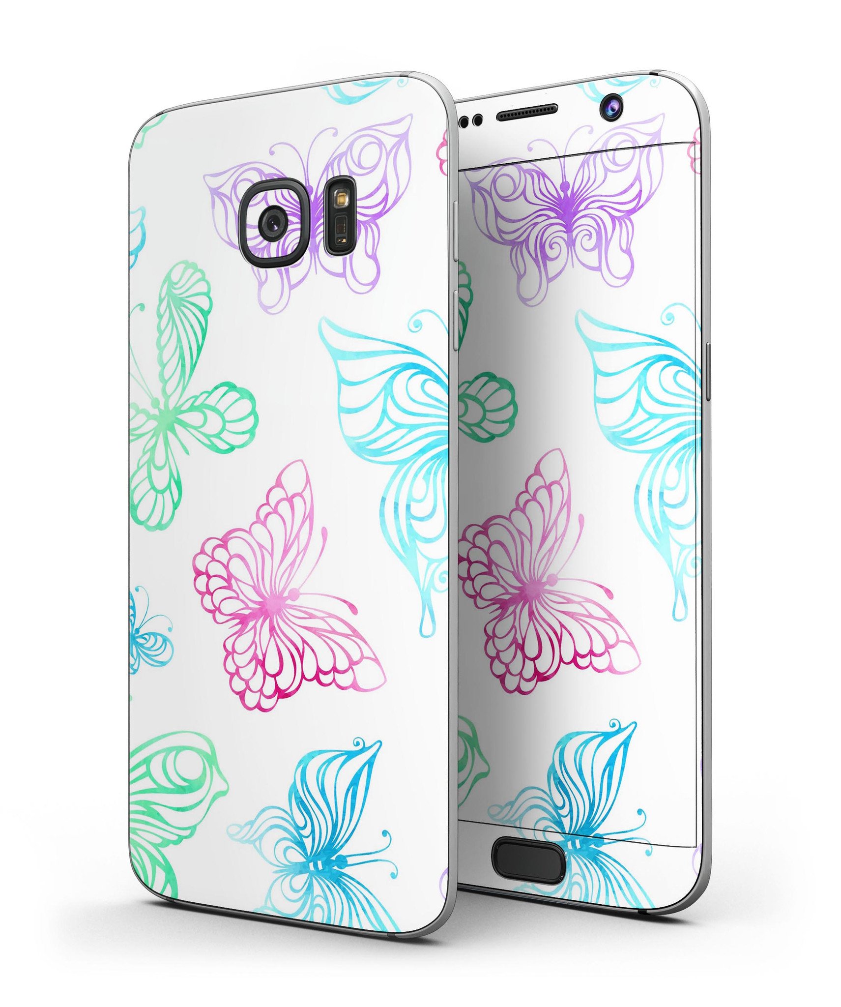 Vivid Vector Butterflies skin kit for Samsung Galaxy S7 and S7 Edge, showcasing vibrant butterfly designs on premium vinyl.