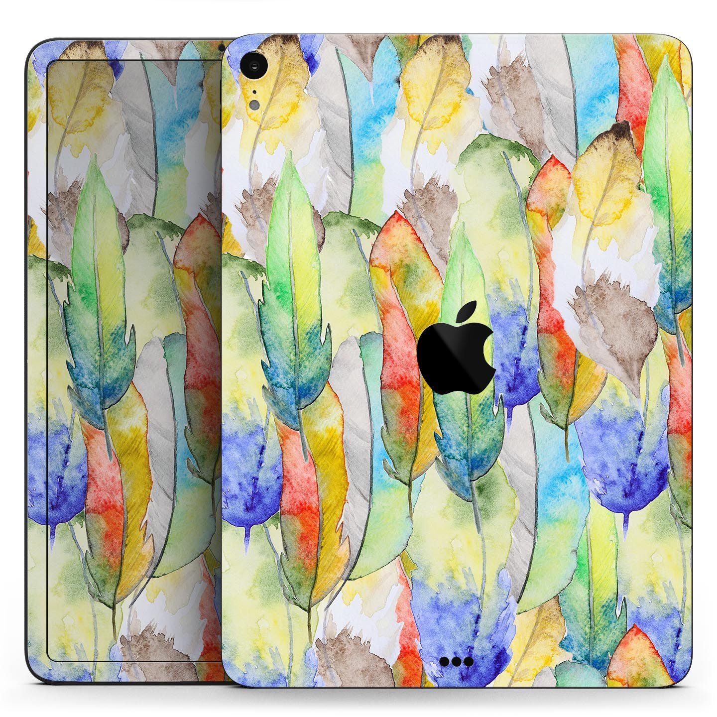 Vivid Watercolor Feather Overlay skin decal for Apple devices, showcasing vibrant colors and intricate feather design.