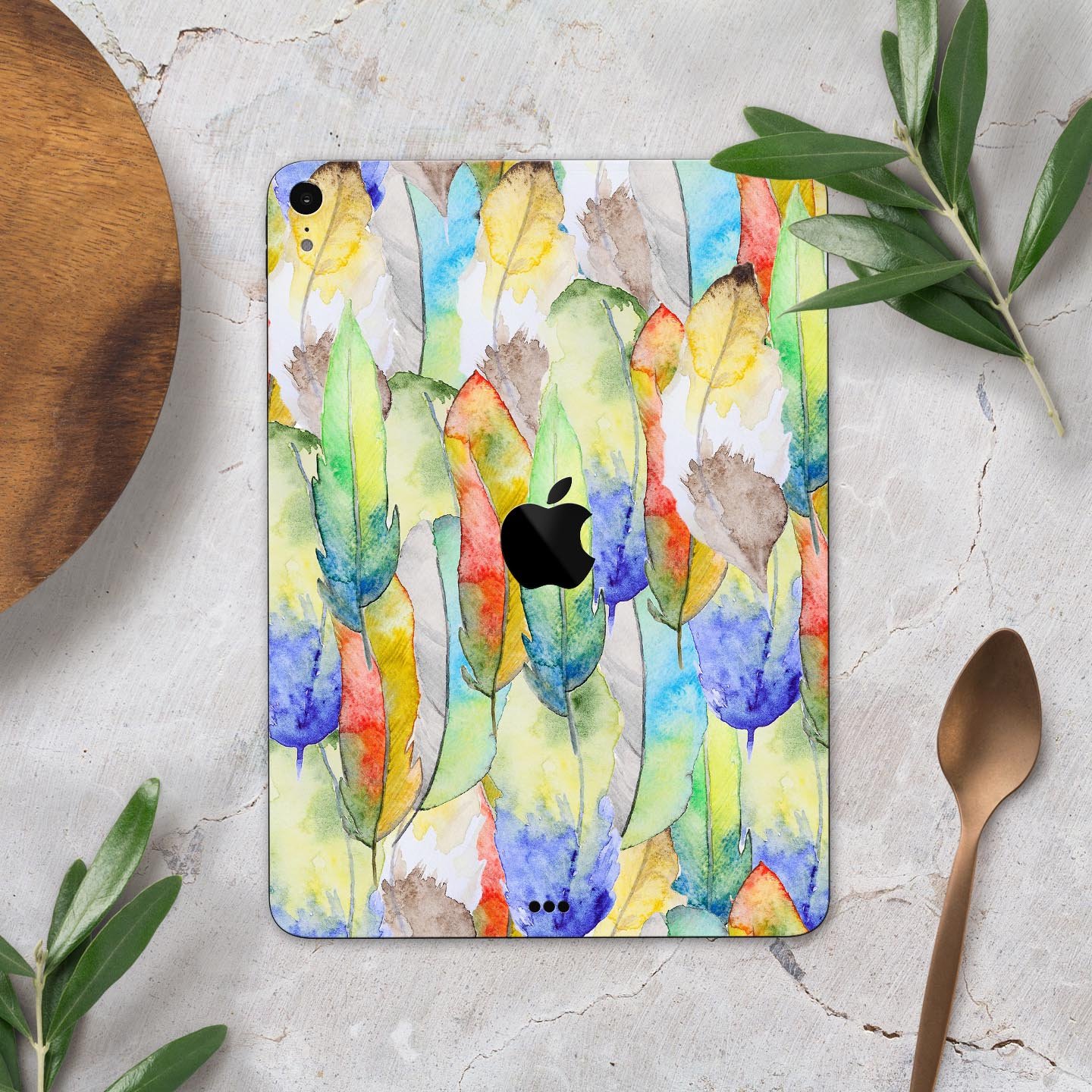 Vivid Watercolor Feather Overlay skin decal for Apple devices, showcasing vibrant colors and intricate feather design.