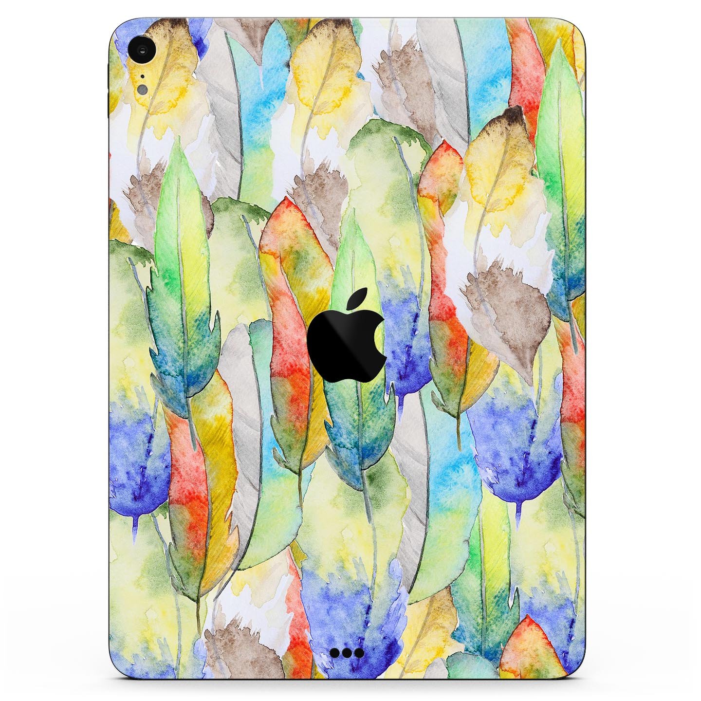 Vivid Watercolor Feather Overlay skin decal for Apple devices, showcasing vibrant colors and intricate feather design.