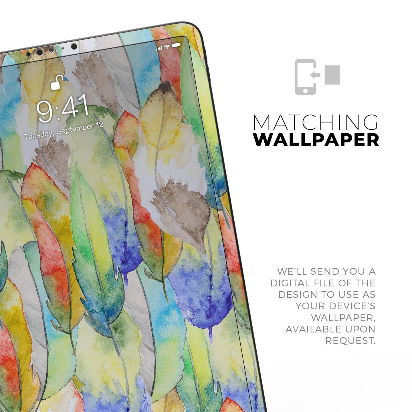 Vivid Watercolor Feather Overlay skin decal for Apple devices, showcasing vibrant colors and intricate feather design.