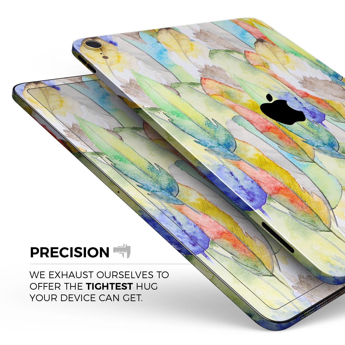 Vivid Watercolor Feather Overlay skin decal for Apple devices, showcasing vibrant colors and intricate feather design.