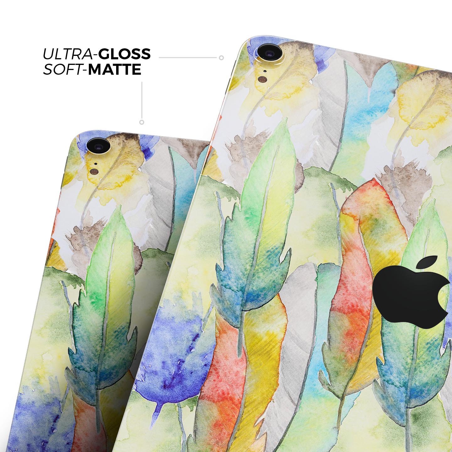 Vivid Watercolor Feather Overlay skin decal for Apple devices, showcasing vibrant colors and intricate feather design.