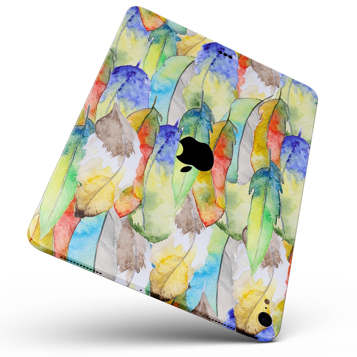 Vivid Watercolor Feather Overlay skin decal for Apple devices, showcasing vibrant colors and intricate feather design.