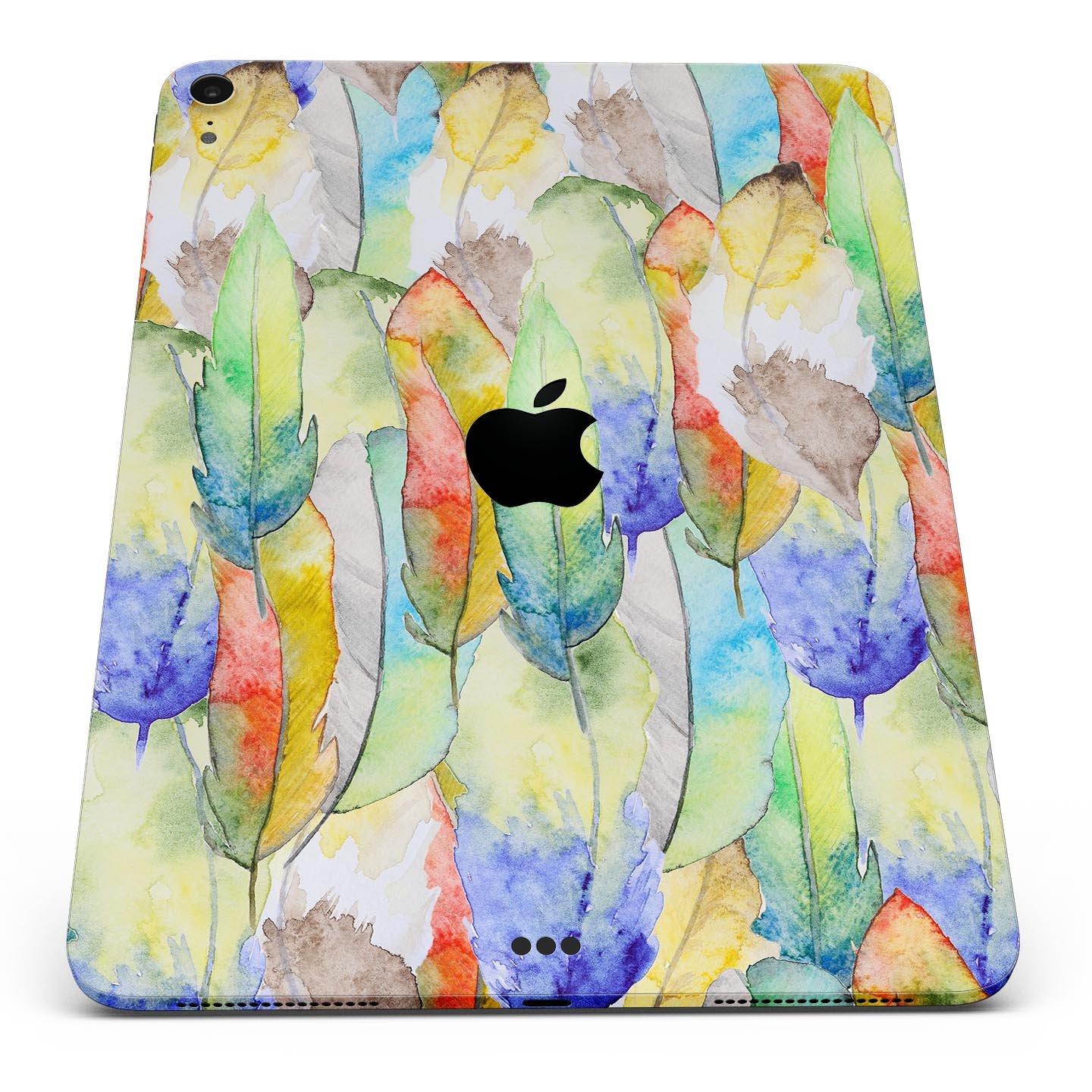 Vivid Watercolor Feather Overlay skin decal for Apple devices, showcasing vibrant colors and intricate feather design.