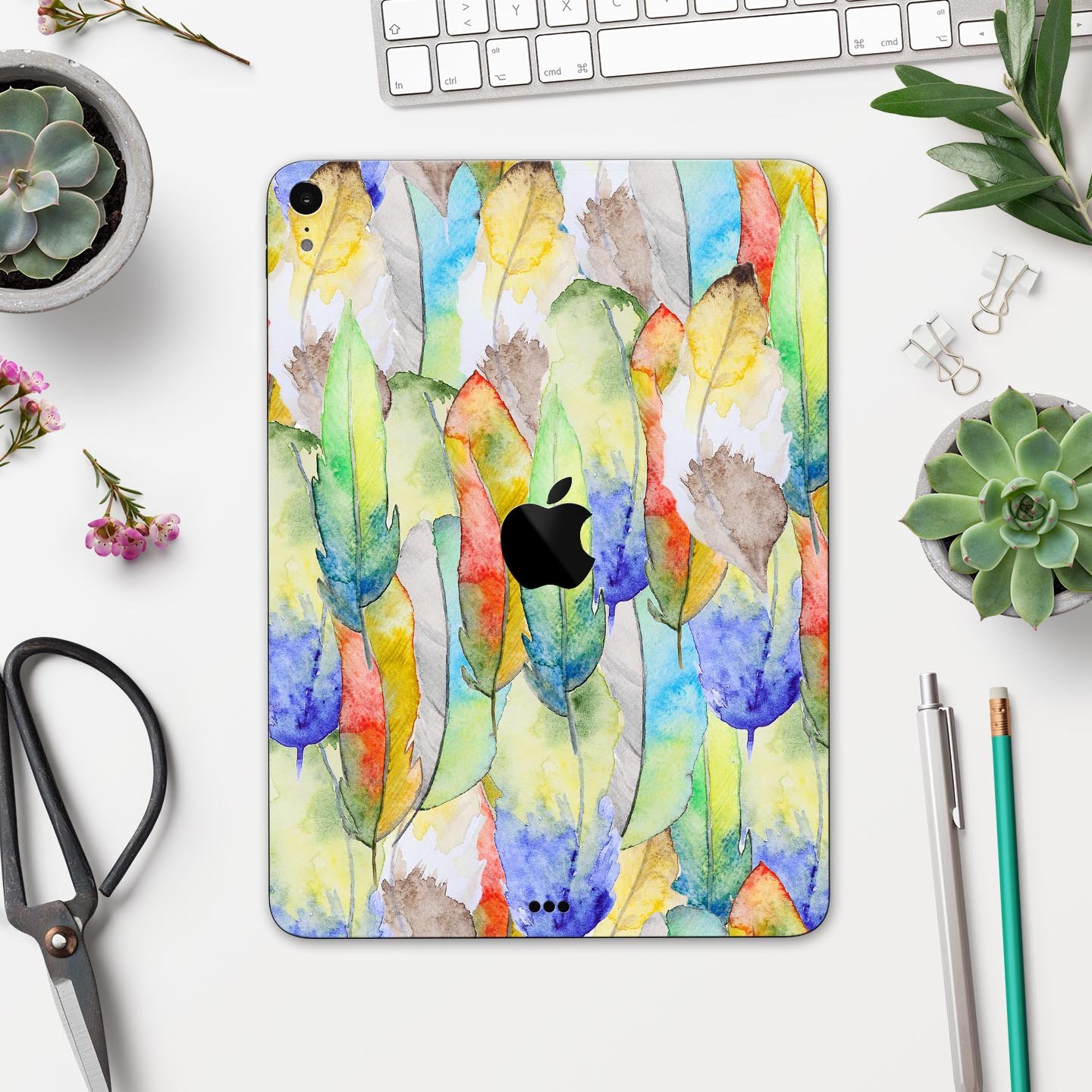 Vivid Watercolor Feather Overlay skin decal for Apple devices, showcasing vibrant colors and intricate feather design.