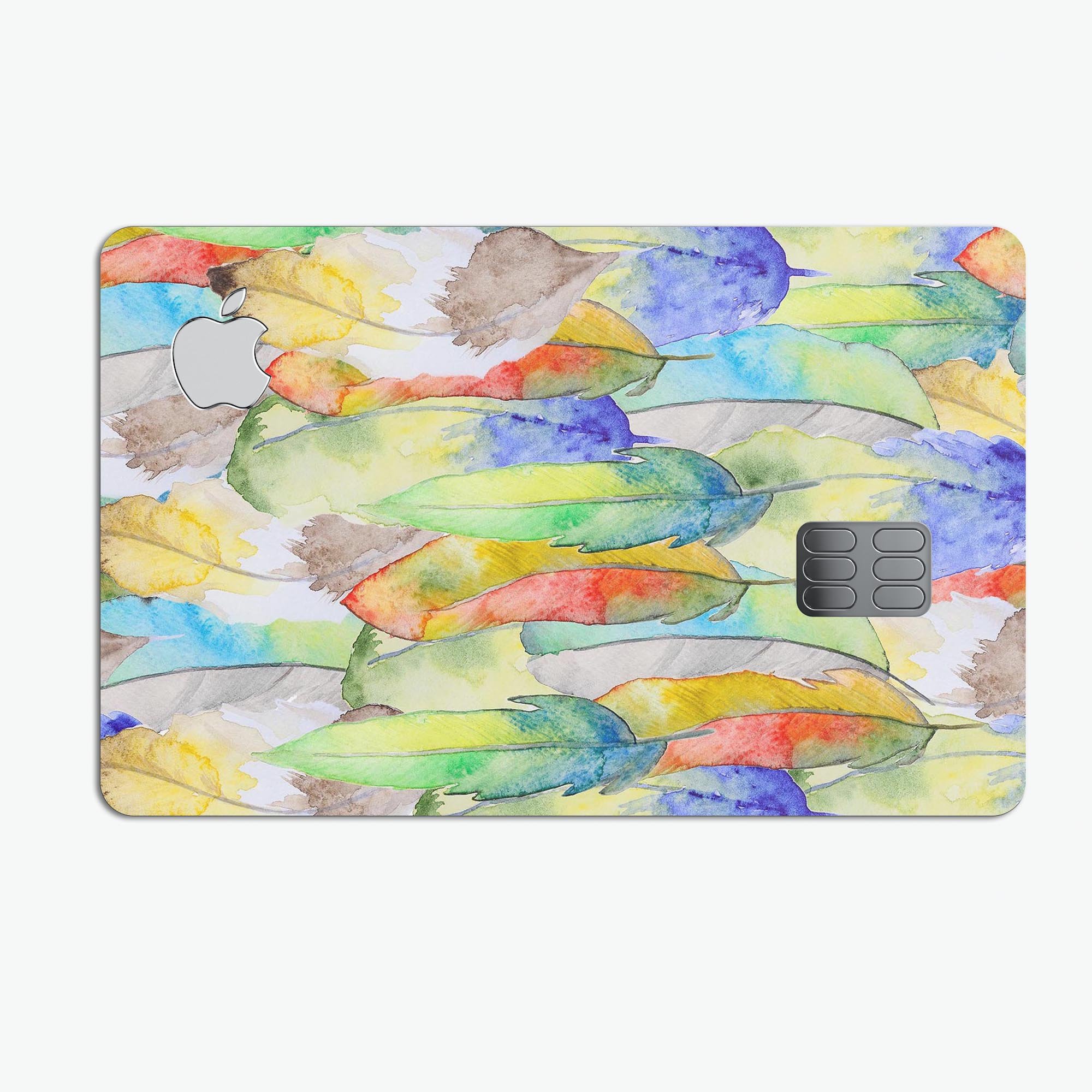 Vivid Watercolor Feather Overlay skin for Apple Card, showcasing vibrant colors and a protective design.