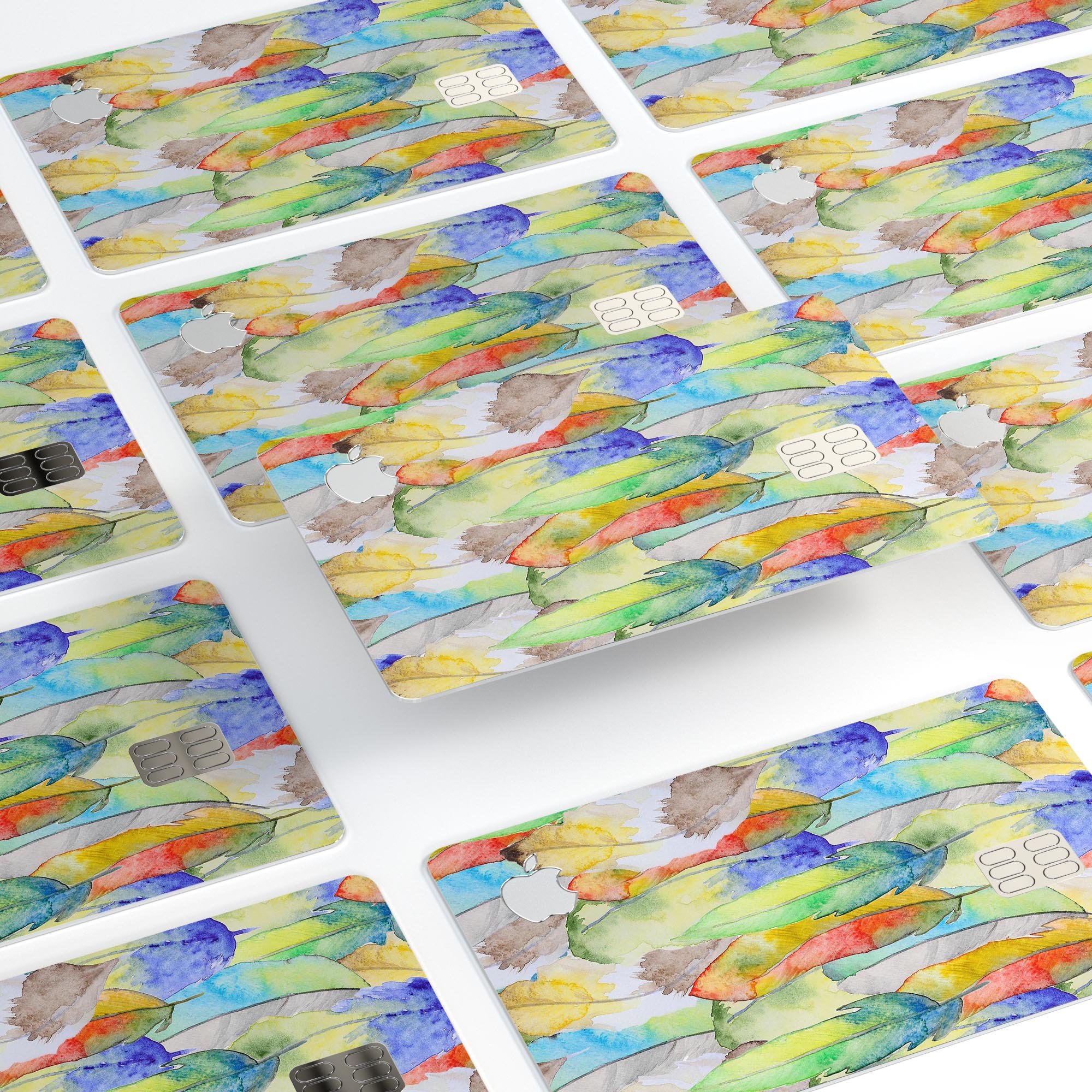 Vivid Watercolor Feather Overlay skin for Apple Card, showcasing vibrant colors and a protective design.