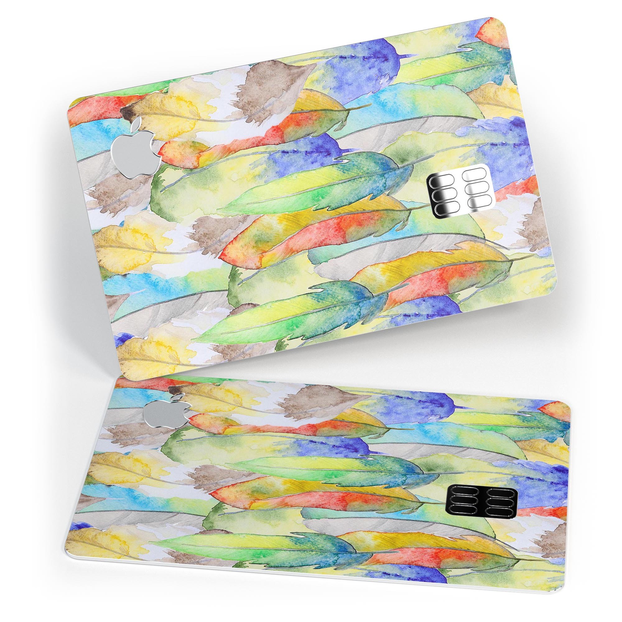 Vivid Watercolor Feather Overlay skin for Apple Card, showcasing vibrant colors and a protective design.