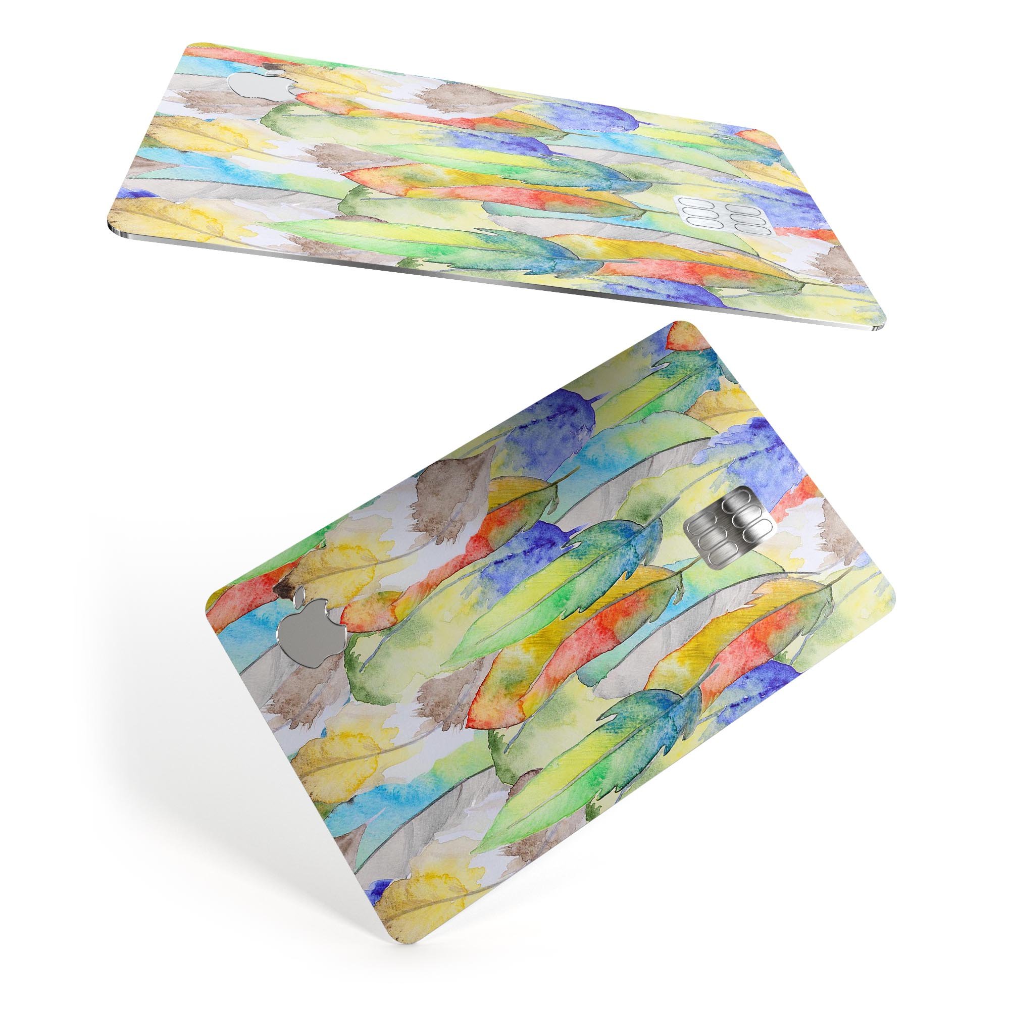 Vivid Watercolor Feather Overlay skin for Apple Card, showcasing vibrant colors and a protective design.