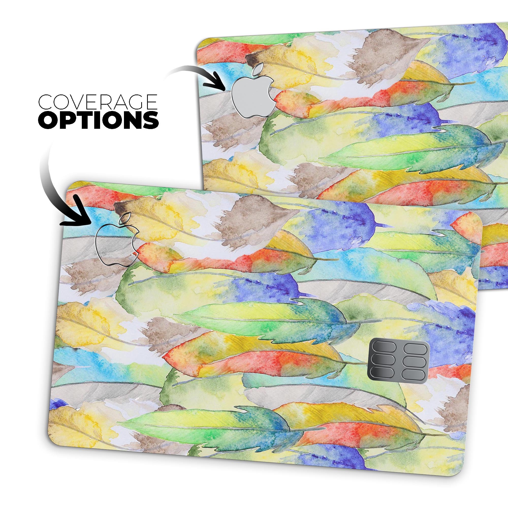 Vivid Watercolor Feather Overlay skin for Apple Card, showcasing vibrant colors and a protective design.