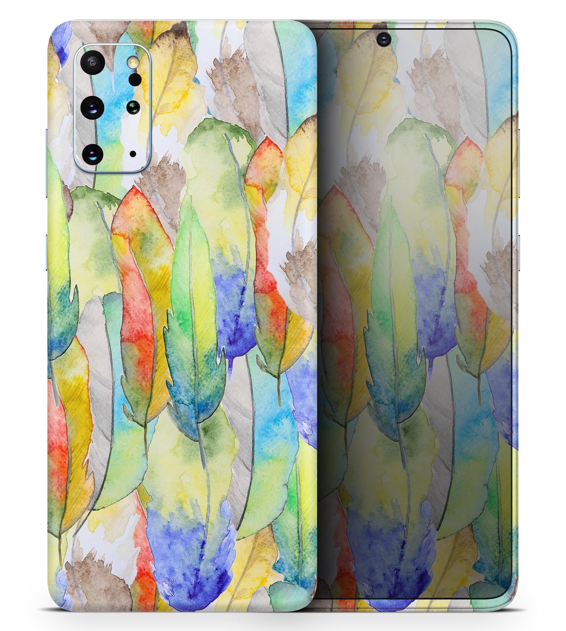 Vivid Watercolor Feather Overlay skin for Samsung Galaxy, showcasing vibrant colors and intricate feather design.