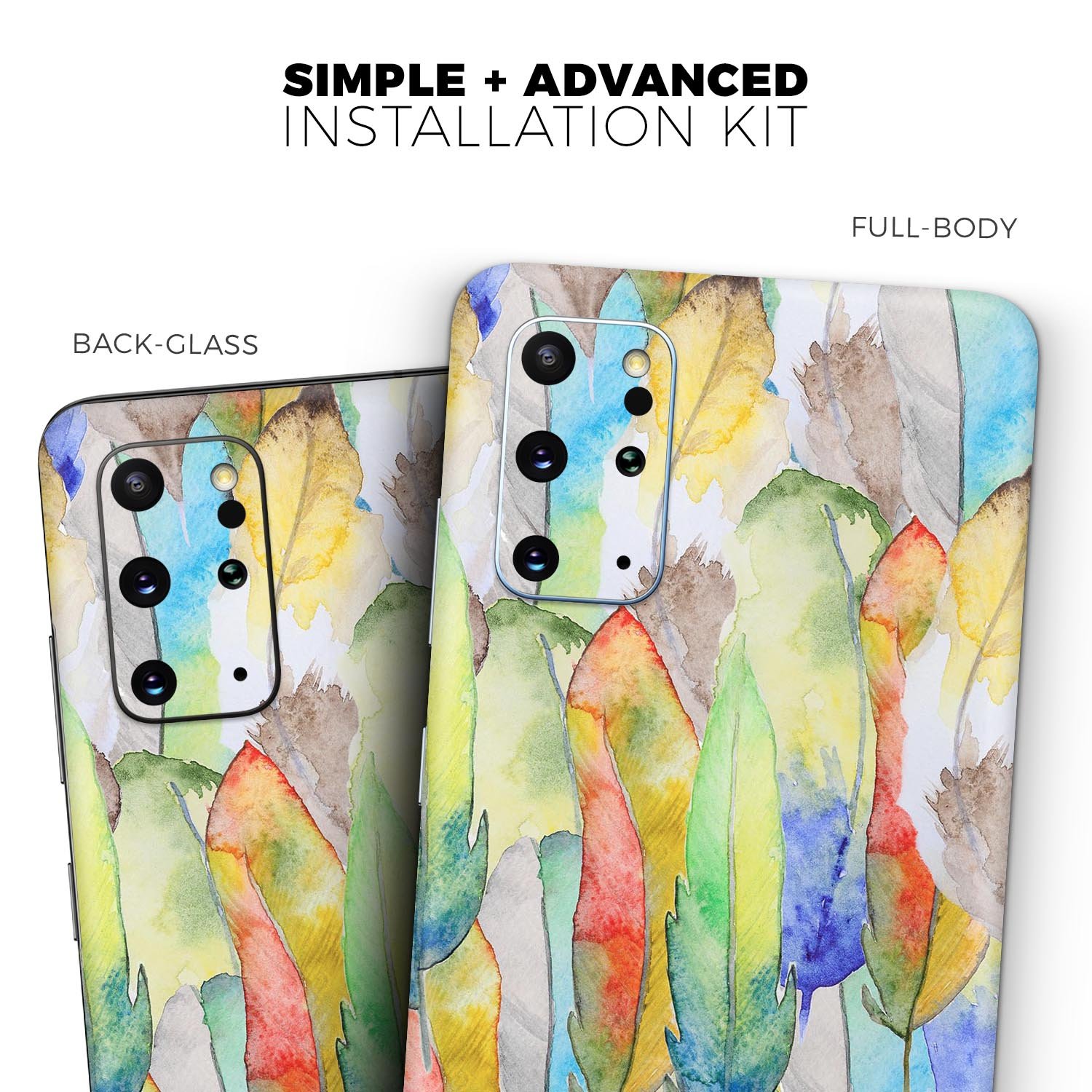 Vivid Watercolor Feather Overlay skin for Samsung Galaxy, showcasing vibrant colors and intricate feather design.