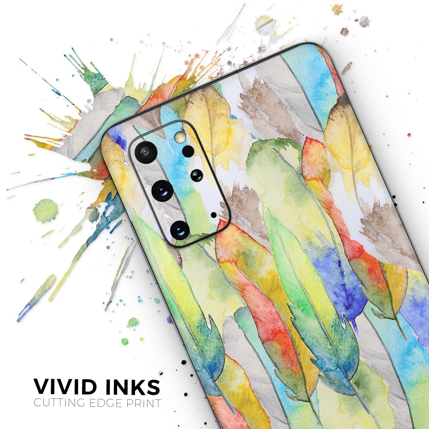 Vivid Watercolor Feather Overlay skin for Samsung Galaxy, showcasing vibrant colors and intricate feather design.