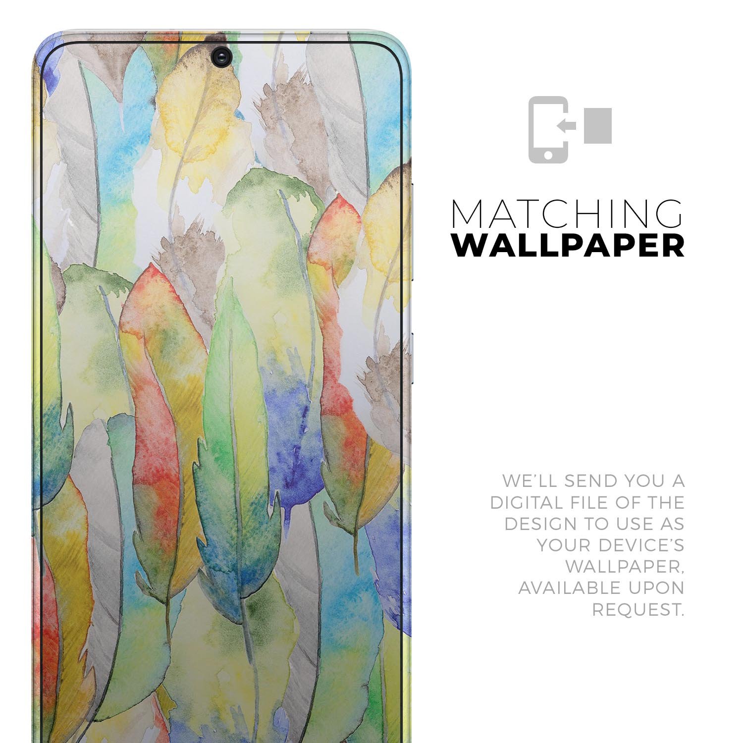 Vivid Watercolor Feather Overlay skin for Samsung Galaxy, showcasing vibrant colors and intricate feather design.