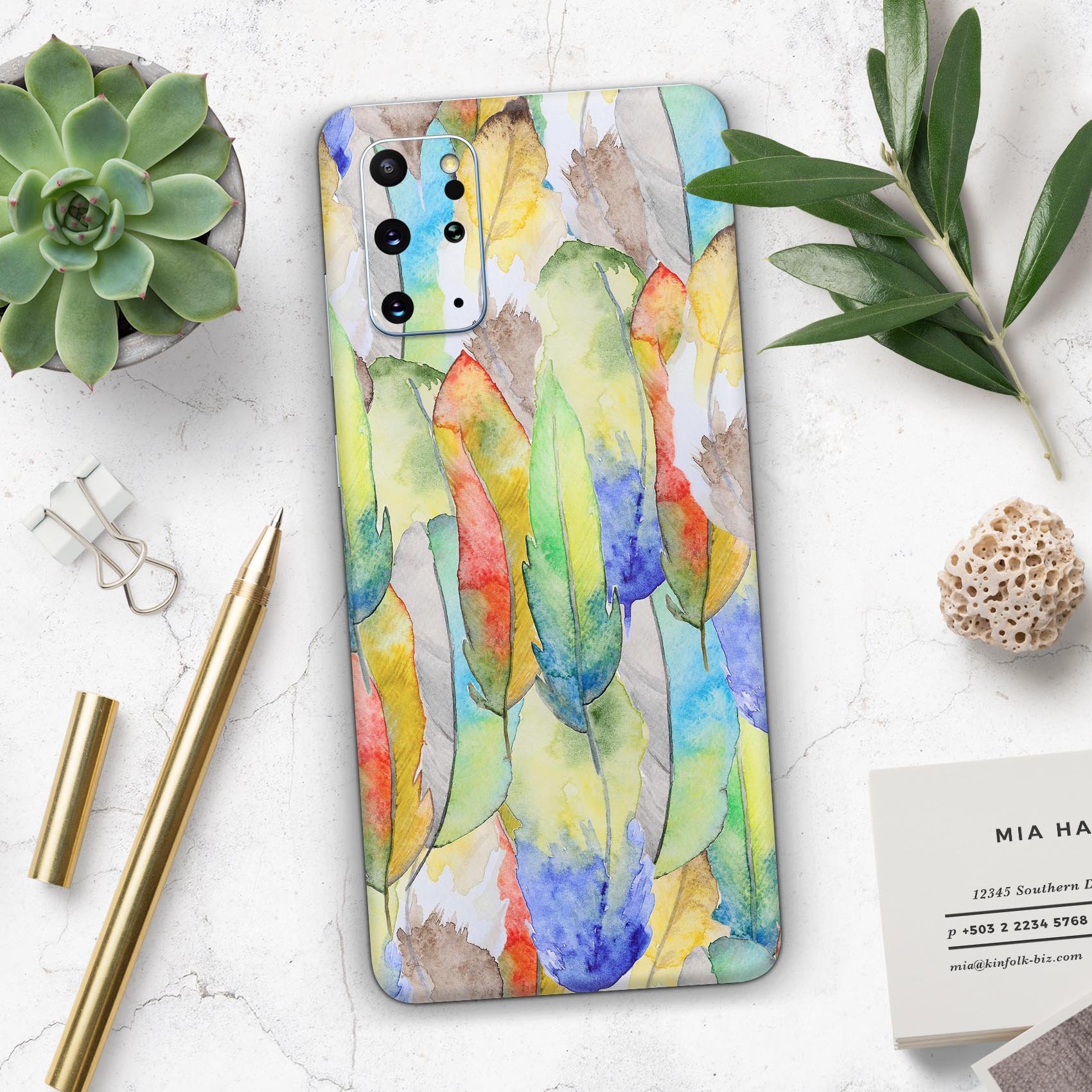 Vivid Watercolor Feather Overlay skin for Samsung Galaxy, showcasing vibrant colors and intricate feather design.