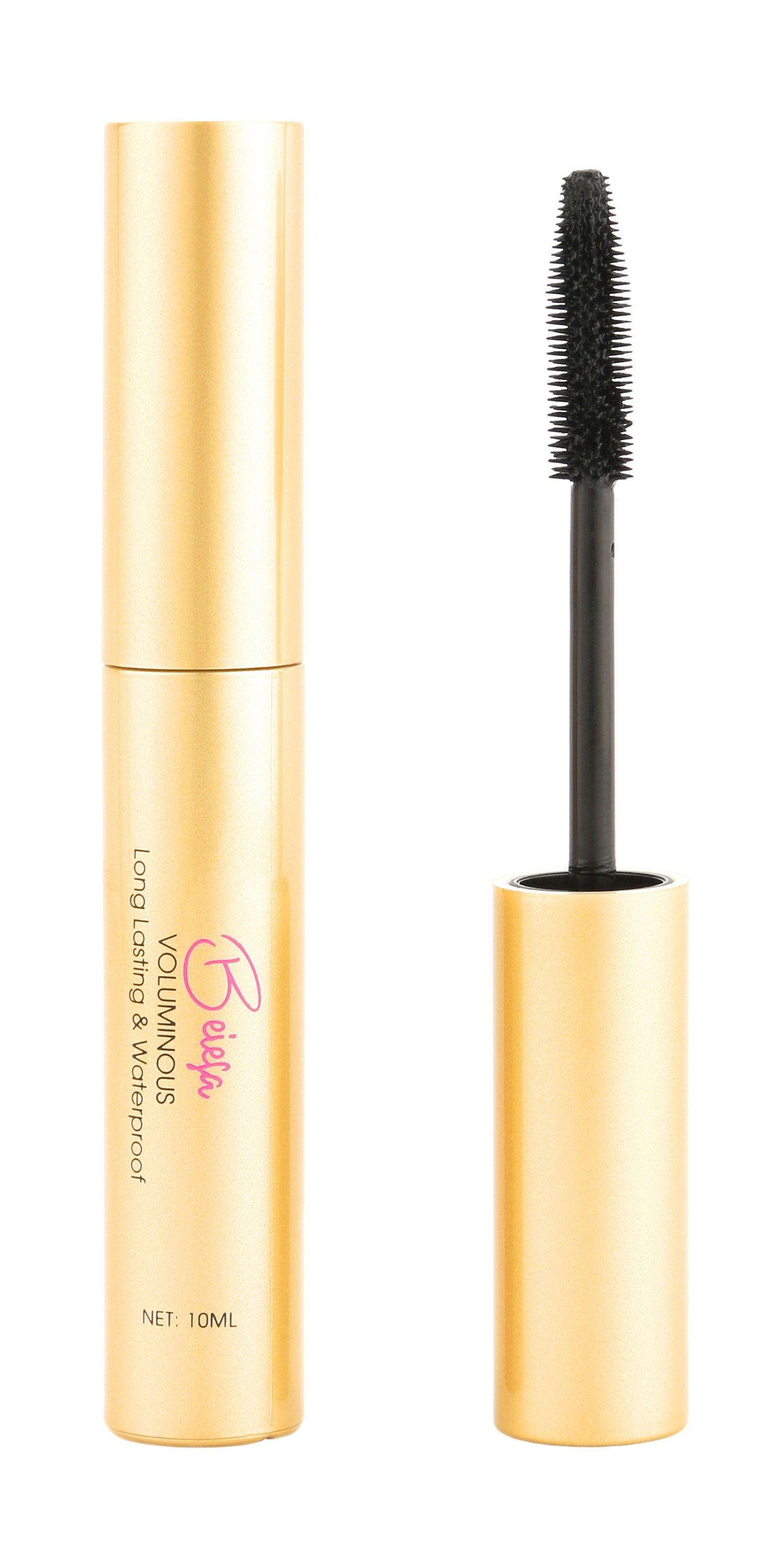 A tube of Beiesa Voluminous Mascara showcasing its sleek design and brush applicator, perfect for achieving long, voluminous lashes.