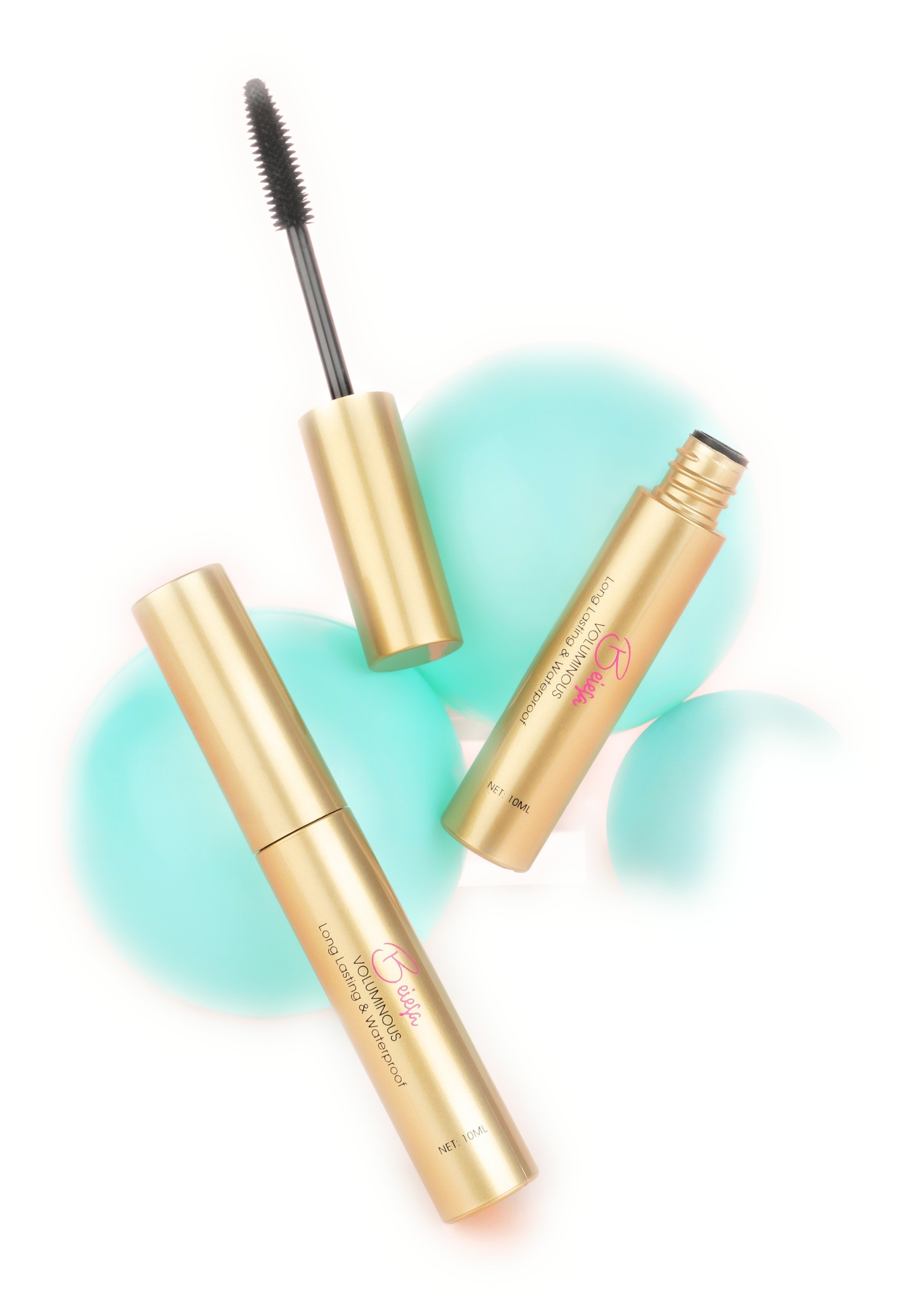 A tube of Beiesa Voluminous Mascara showcasing its sleek design and brush applicator, perfect for achieving long, voluminous lashes.