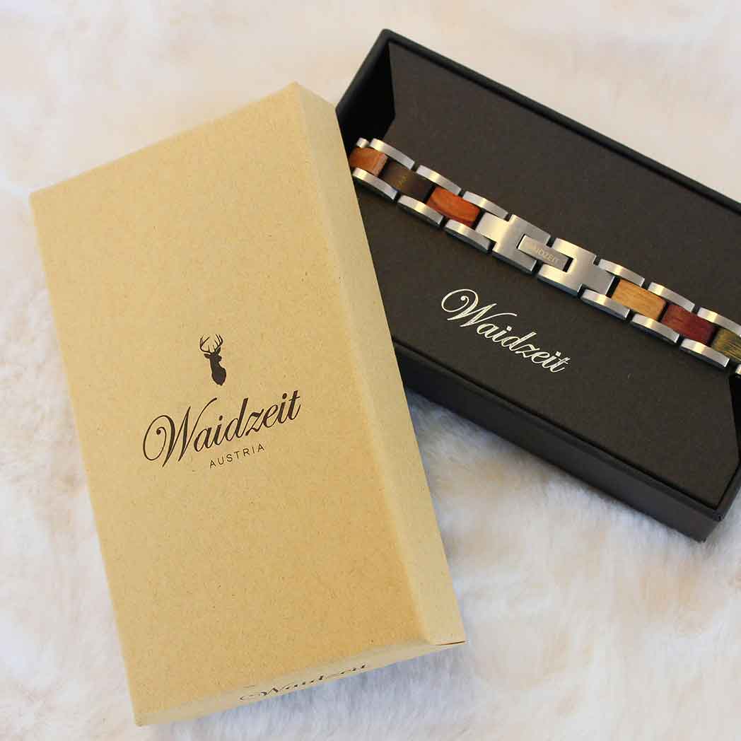 Waidzeit Element Bracelet for women featuring wood and stainless steel with gold accents, elegantly displayed in a gift box.