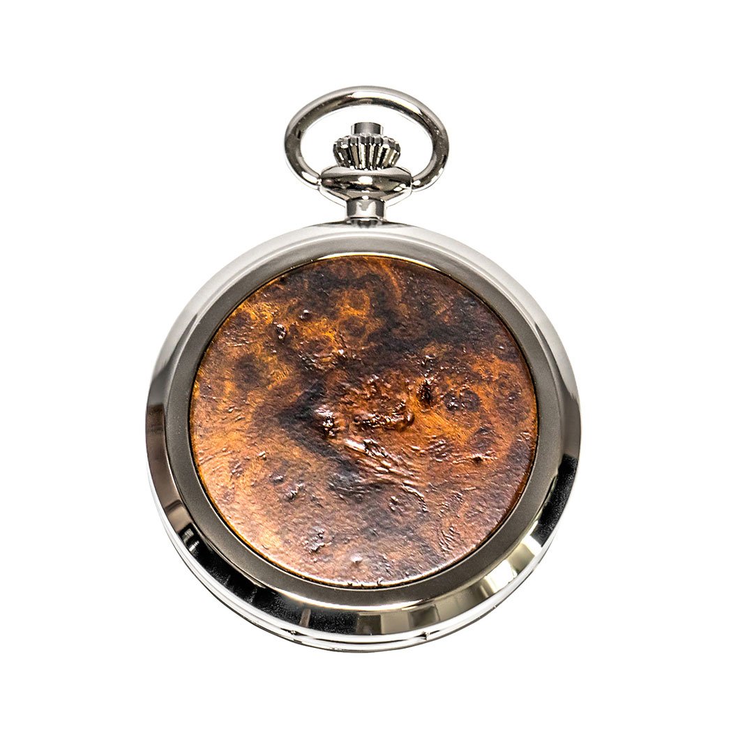 Waidzeit Franz Joseph Skeleton pocket watch in silver with Roman numerals and root wood accents, showcasing intricate mechanical movement.