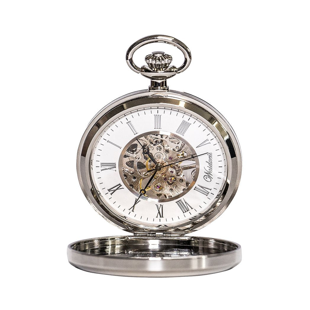 Waidzeit Franz Joseph Skeleton pocket watch in silver with Roman numerals and root wood accents, showcasing intricate mechanical movement.