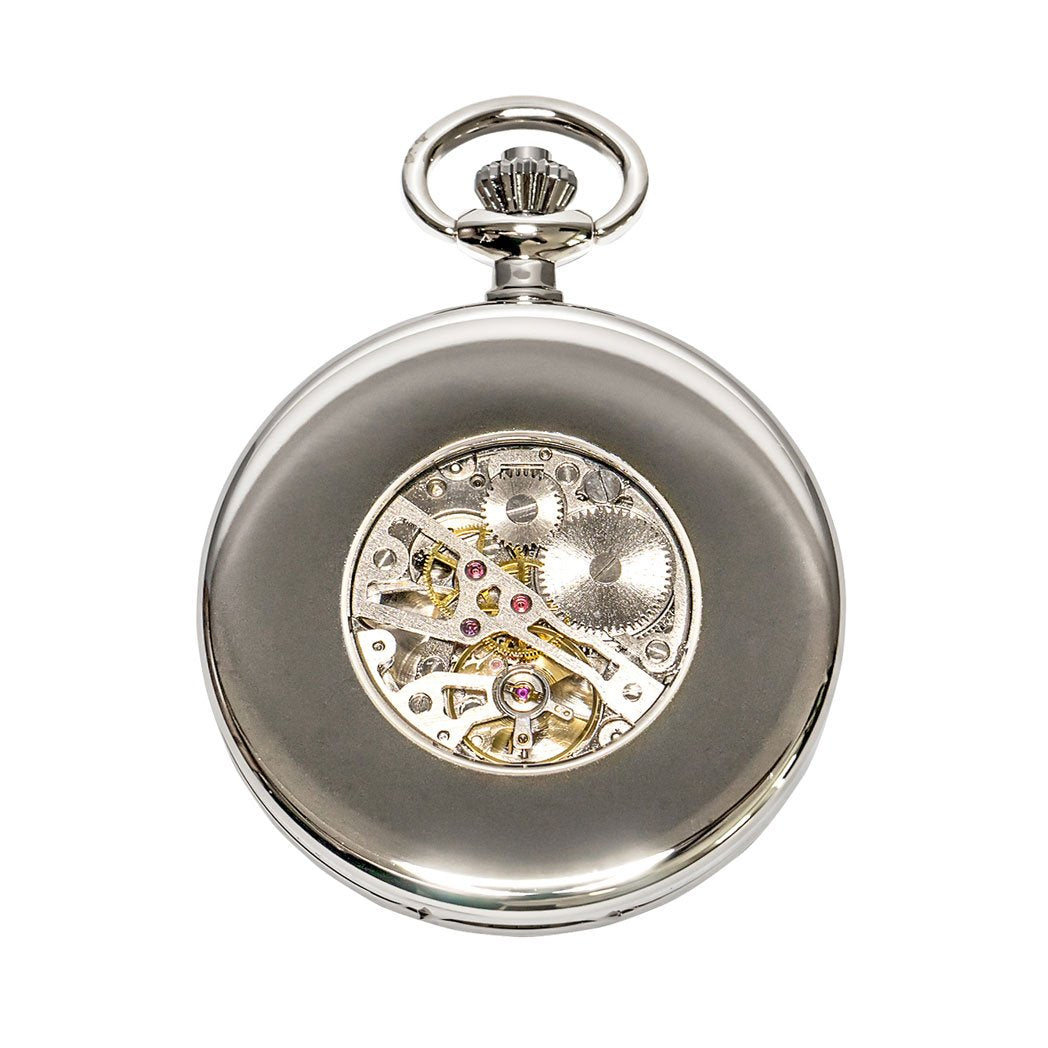 Waidzeit Franz Joseph Skeleton pocket watch in silver with Roman numerals and root wood accents, showcasing intricate mechanical movement.