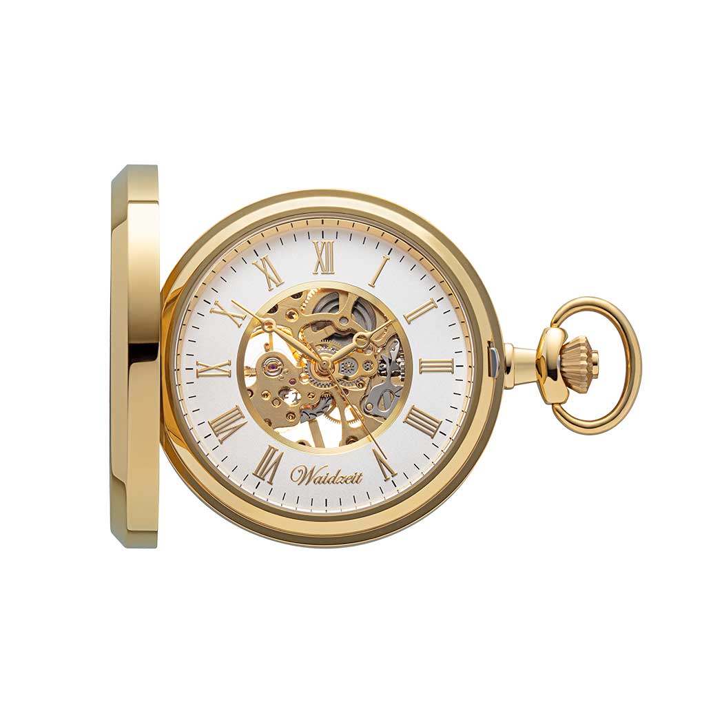 Waidzeit Franz Rudolf Skeleton pocket watch in gold with Roman numerals and root wood finish, showcasing intricate movement through glass windows.