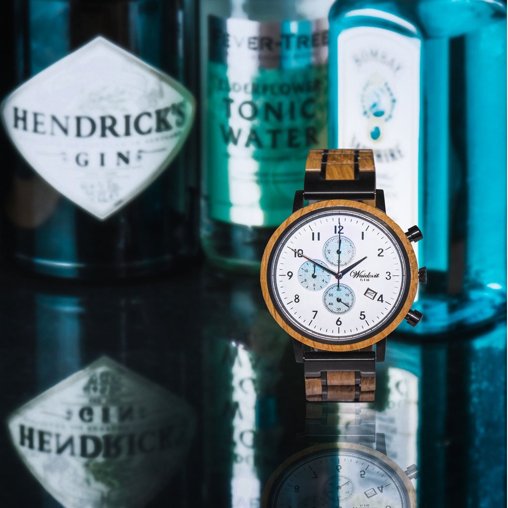 Waidzeit GIN White Ice Chronograph Gentlemen watch featuring a juniper wood dial and recycled oak barrel case.