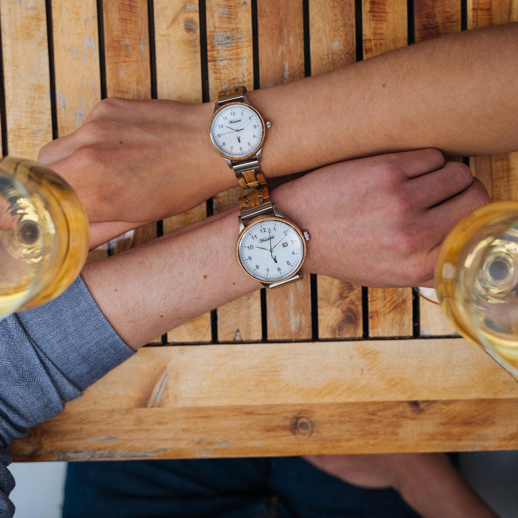 Waidzeit Green Panther Lady watch featuring a wooden design from French wine barrels, with an Austrian marble dial and green second hand.