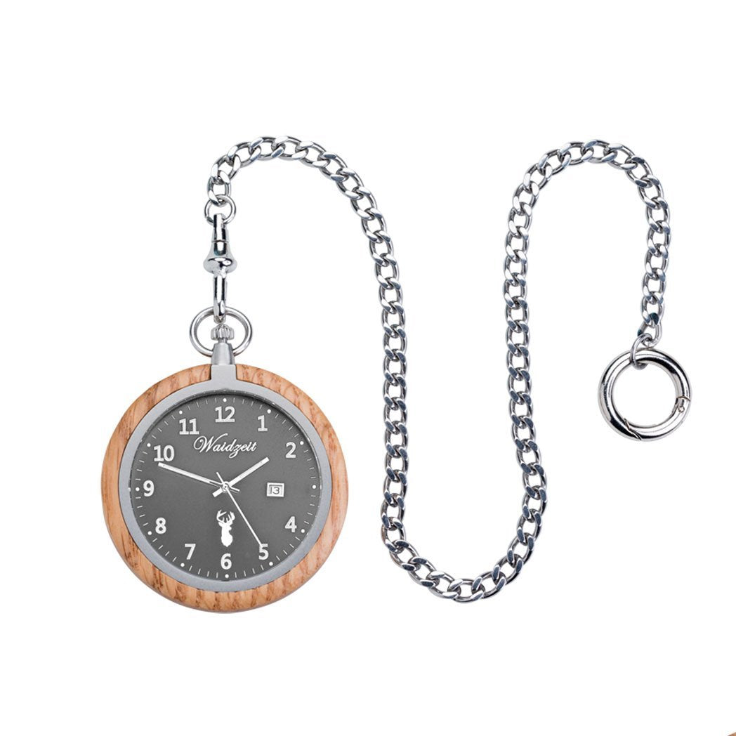 Waidzeit Oak Timeless Pocket Watch featuring a slate-grey dial and elegant wooden case, perfect for special occasions.