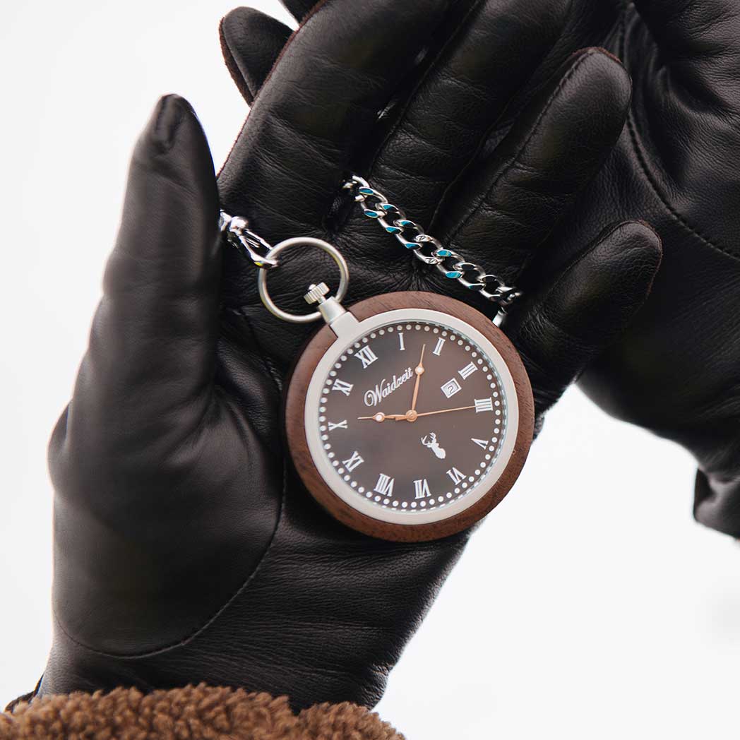 Waidzeit Walnut Antique Pocket Watch featuring a slate gray dial, Arabic numerals, and a wooden case with stainless steel accents.