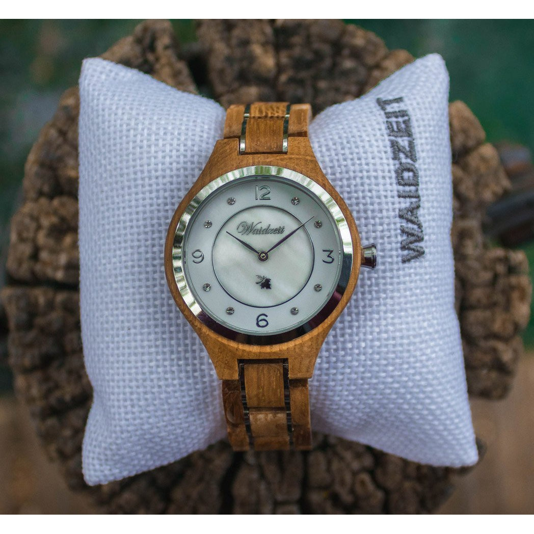 Waidzeit Wine Princess Blanc wooden watch featuring a mother-of-pearl dial, silver vine leaf, and crystal stones, elegantly designed for wine lovers.