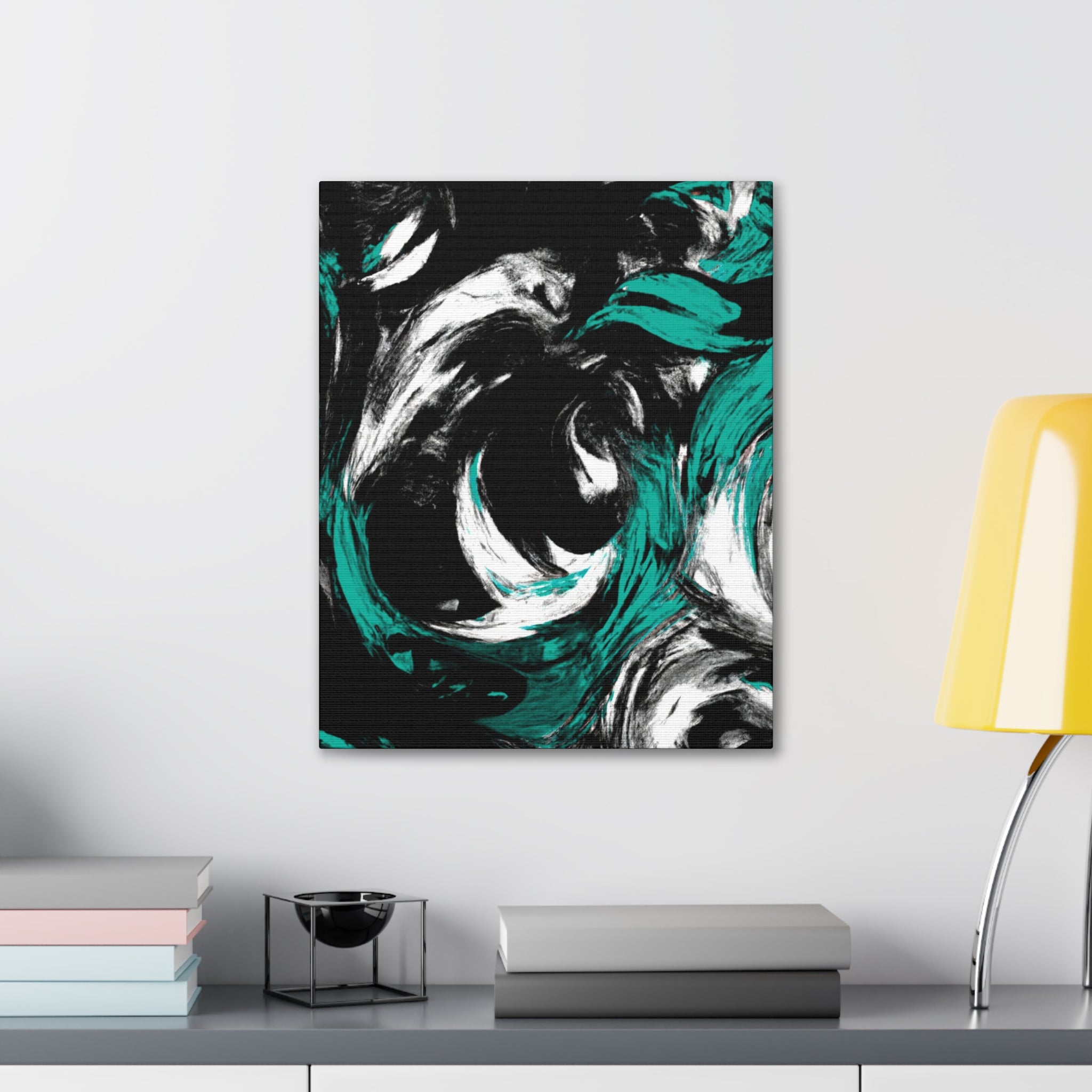 Abstract canvas print featuring black, green, and white colors, perfect for wall decor.